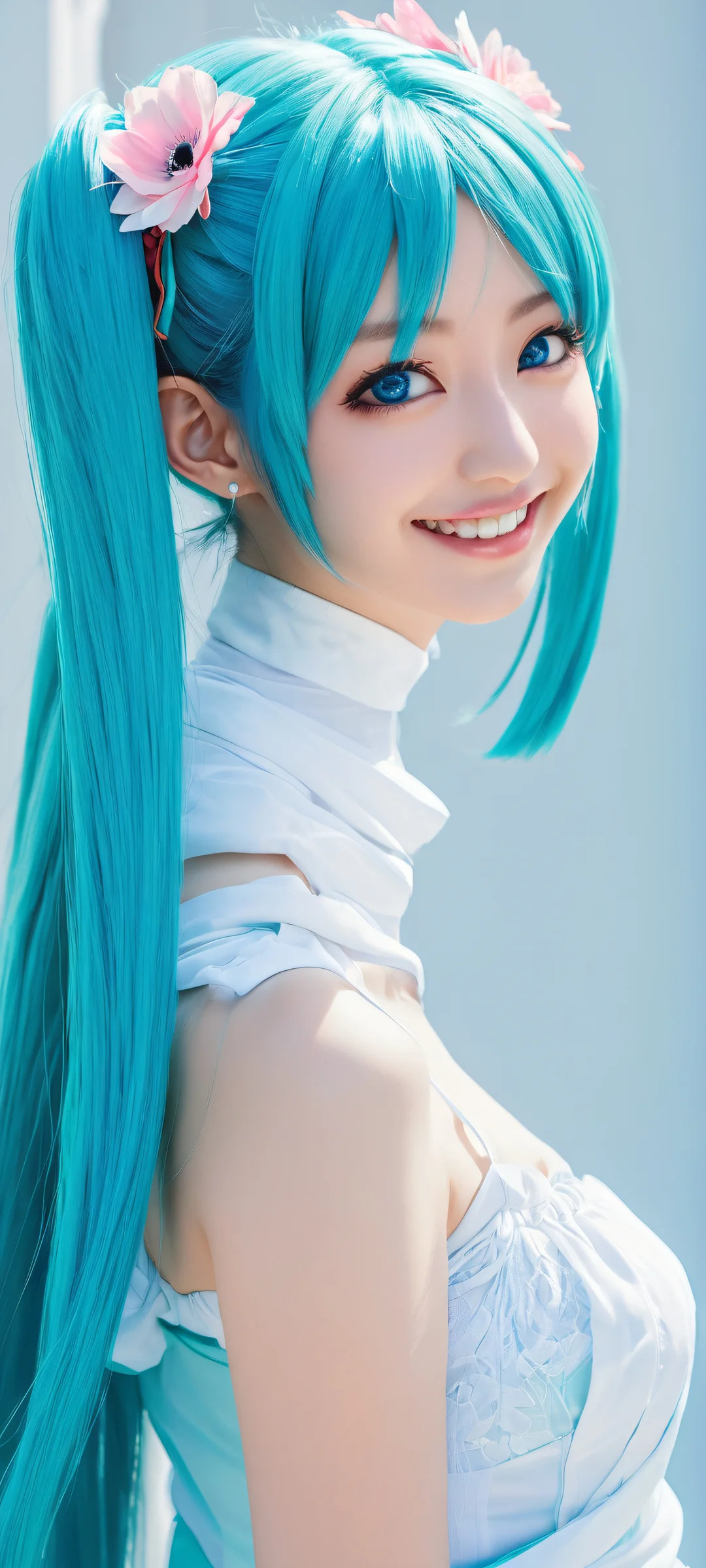 A stunning portrait of Hatsune Miku's smiling face on an iPhone or Android, showcasing intricate details and ethereal lighting.