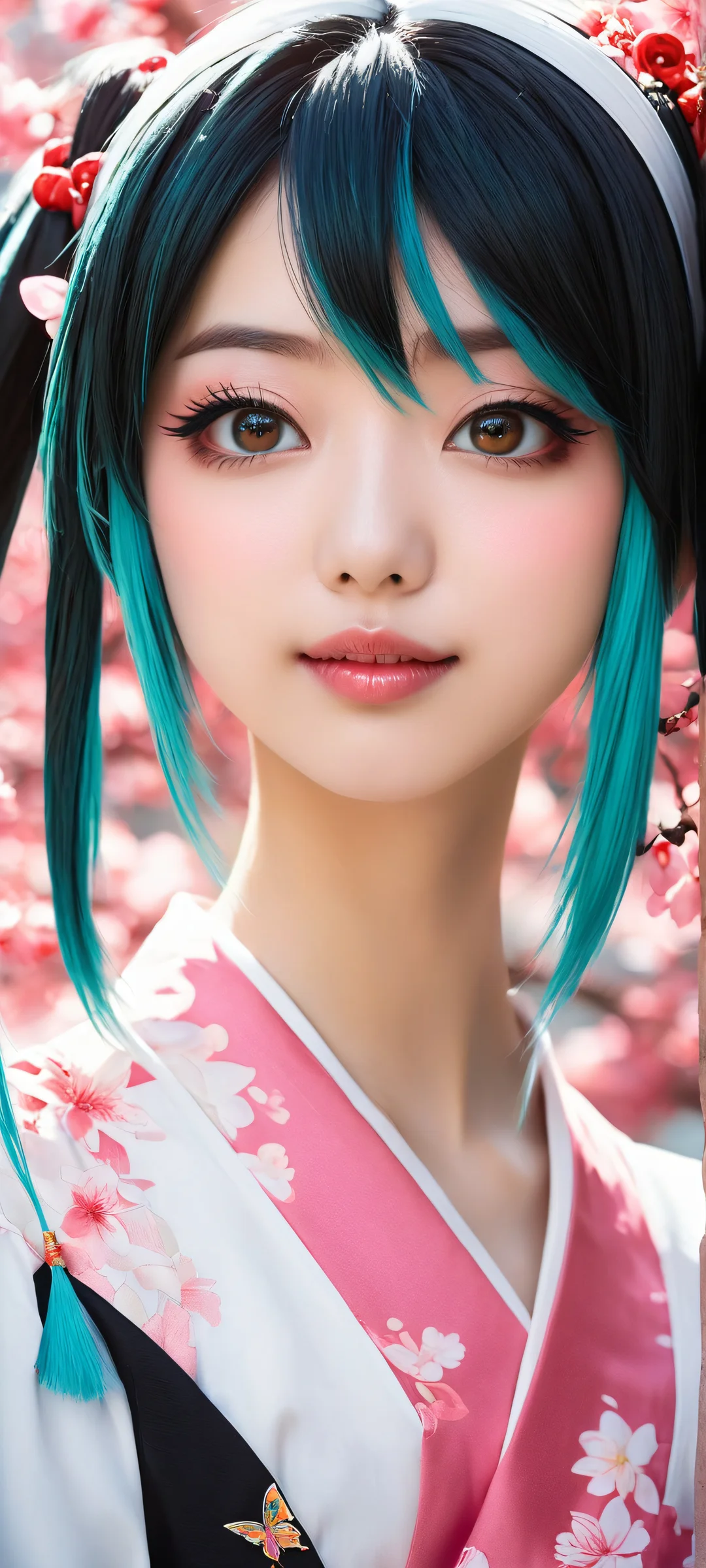 Hatsune Miku looks at you with a closed-mouth smile amidst intricate kanji characters and Persian Pokémon, perfectly optimized for iPhone/Android home screens.