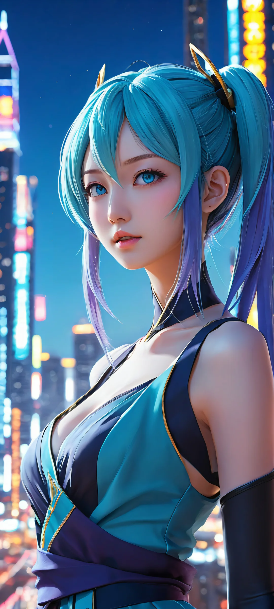 Hatsune Miku portrait with intricate hair details and cityscape in the background, perfectly optimized for iPhone/Android home screens.