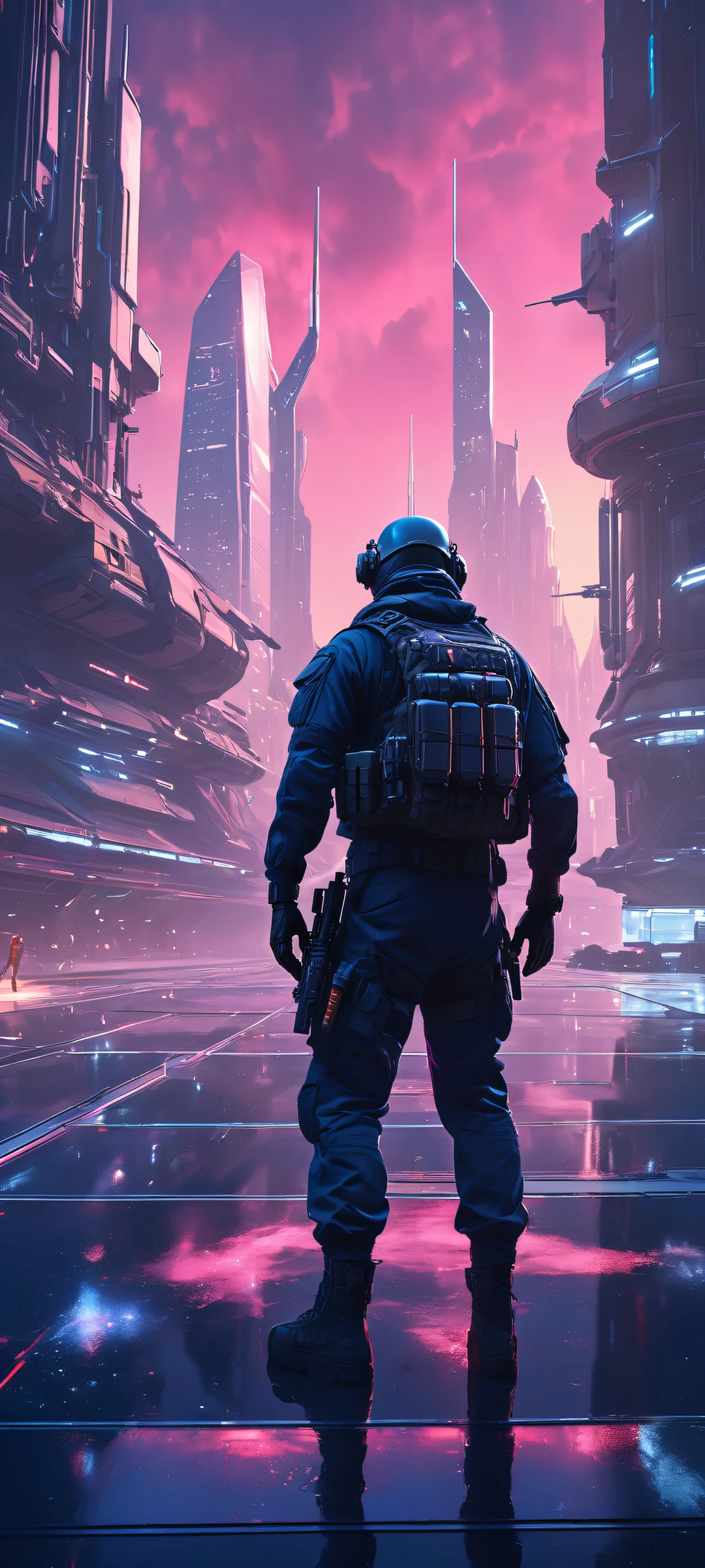 iPhone/Android Military operatives surrounded by futuristic equipment and cityscape, pristine clarity and cinematic flair.