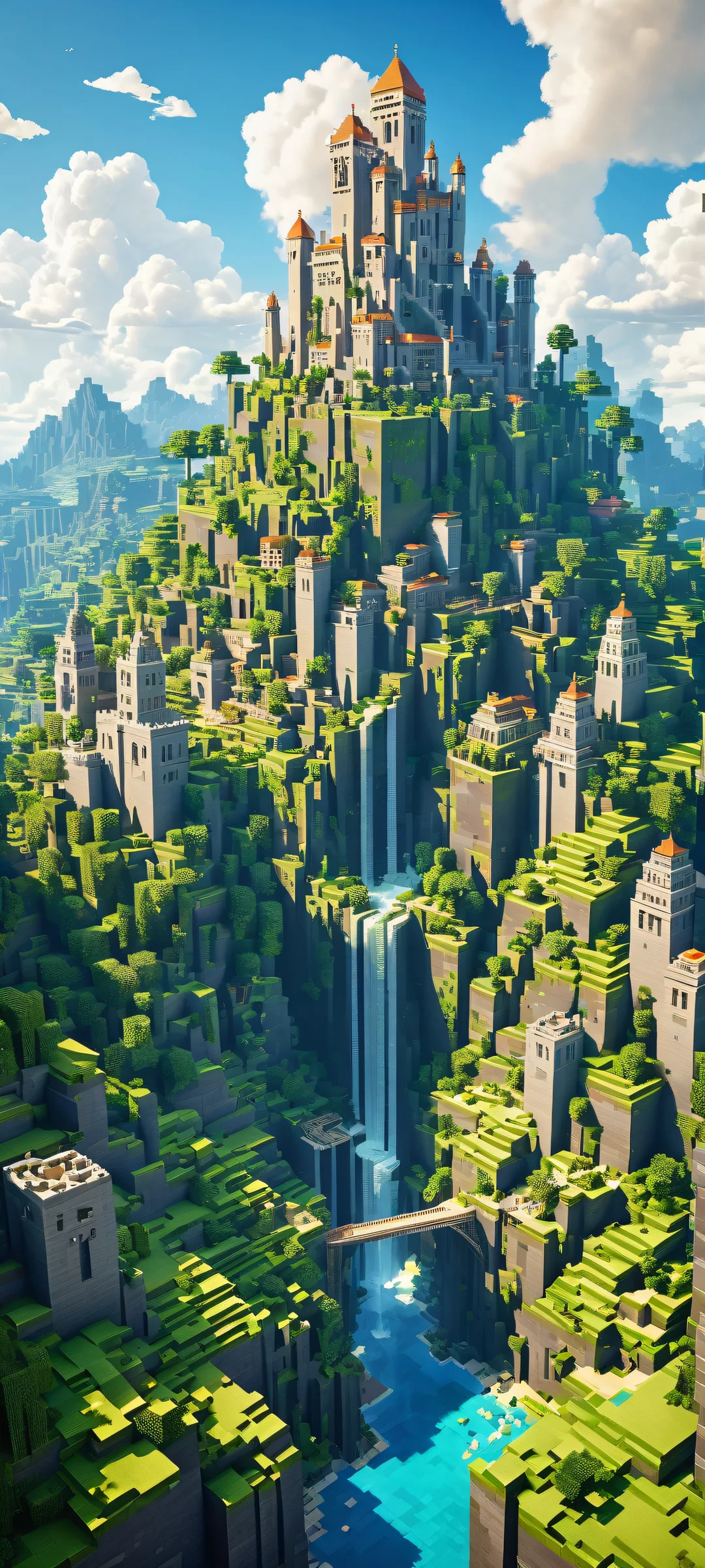 A breathtaking vertical portrait of a Minecraft cityscape on iPhone/Android, showcasing intricate details and serene 8K landscape.