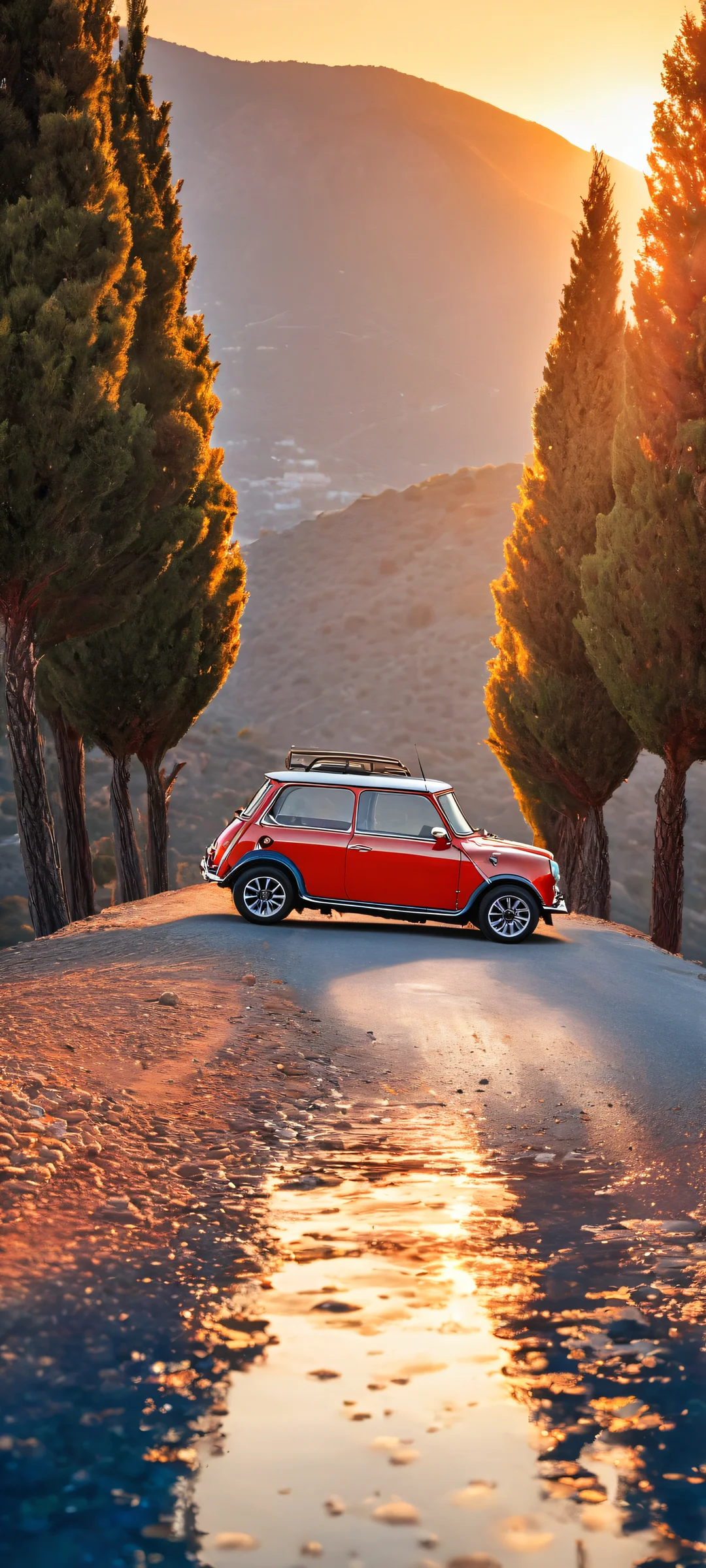 A breathtaking vertical portrait of a Red classic Mini Cooper placed on a mountain road at sunset, with iPhone/Android.