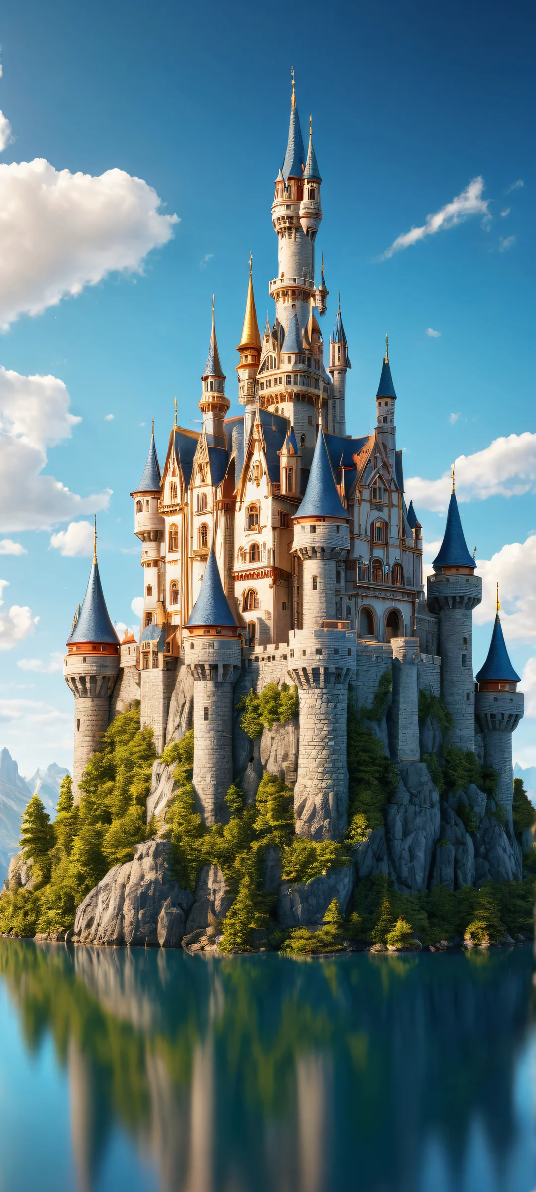 A stunning portrait of a miniature castle with intricate details on an iPhone or Android device, set against a brilliant blue sky with puffy white clouds.