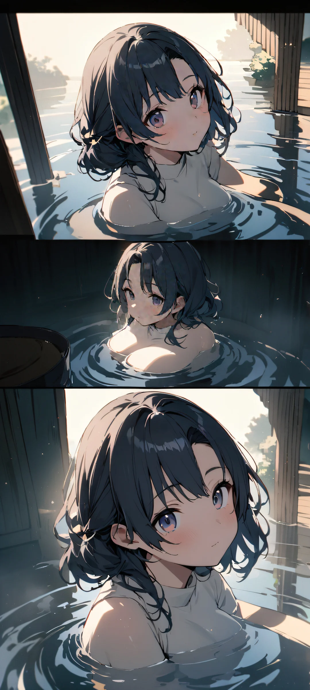 A serene Mitsuri Kocho gazing at the viewer from a peaceful bath scene on an iPhone or Android home screen.