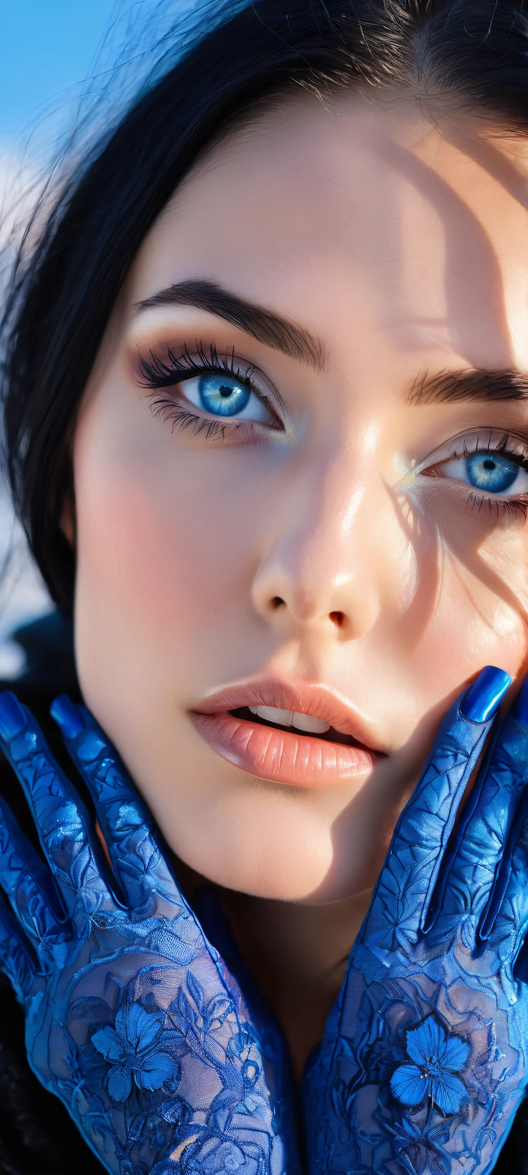 A young woman with striking blue eyes and raven-black hair, staring directly at the viewer with a subtle blush on her cheeks, set against an endless expanse of blue-tinted nothingness. Perfect for iPhone/Android home screens.
