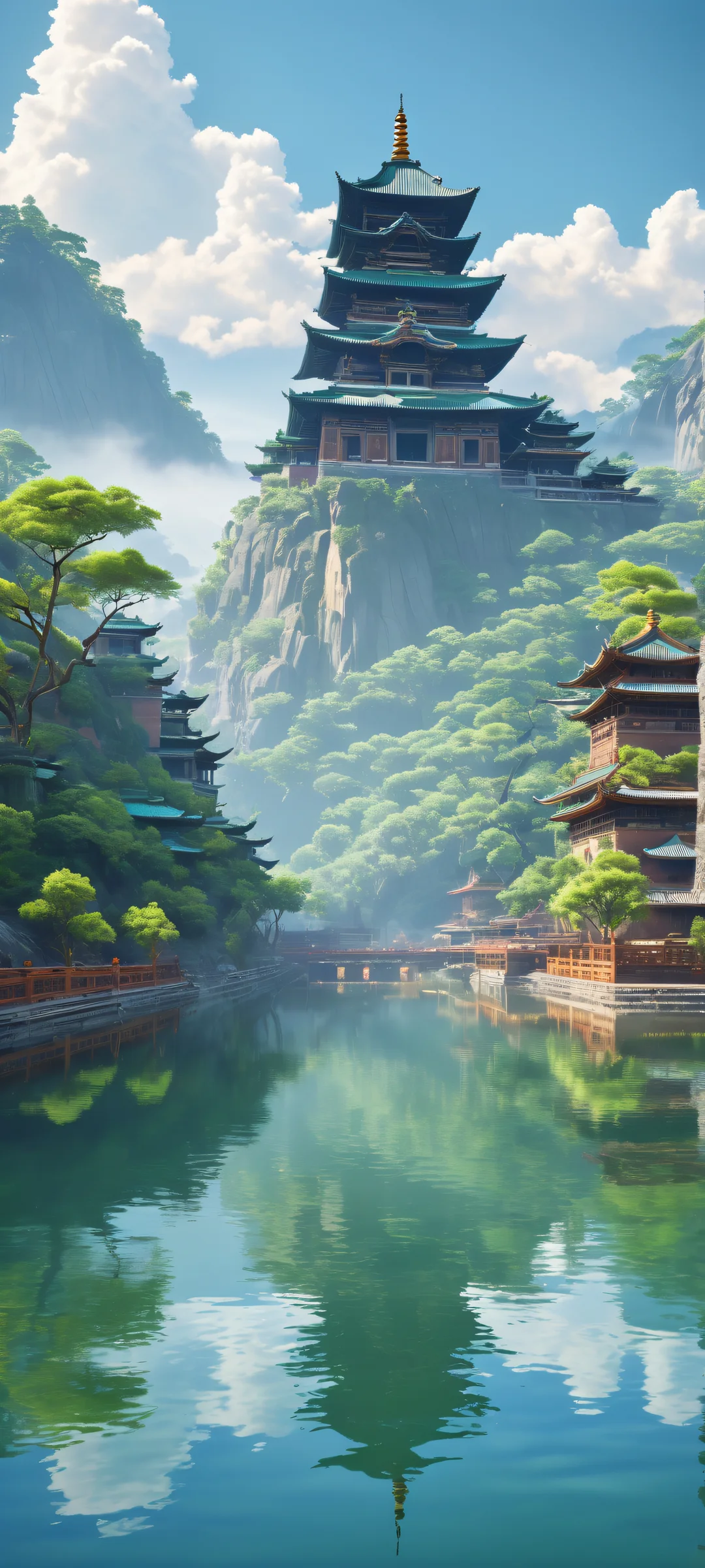 Monastic Serenity QHD Phone Background A breathtaking portrait of monks amidst intricate Asian architecture and lush clouds. Perfect for iPhone or Android home screens.