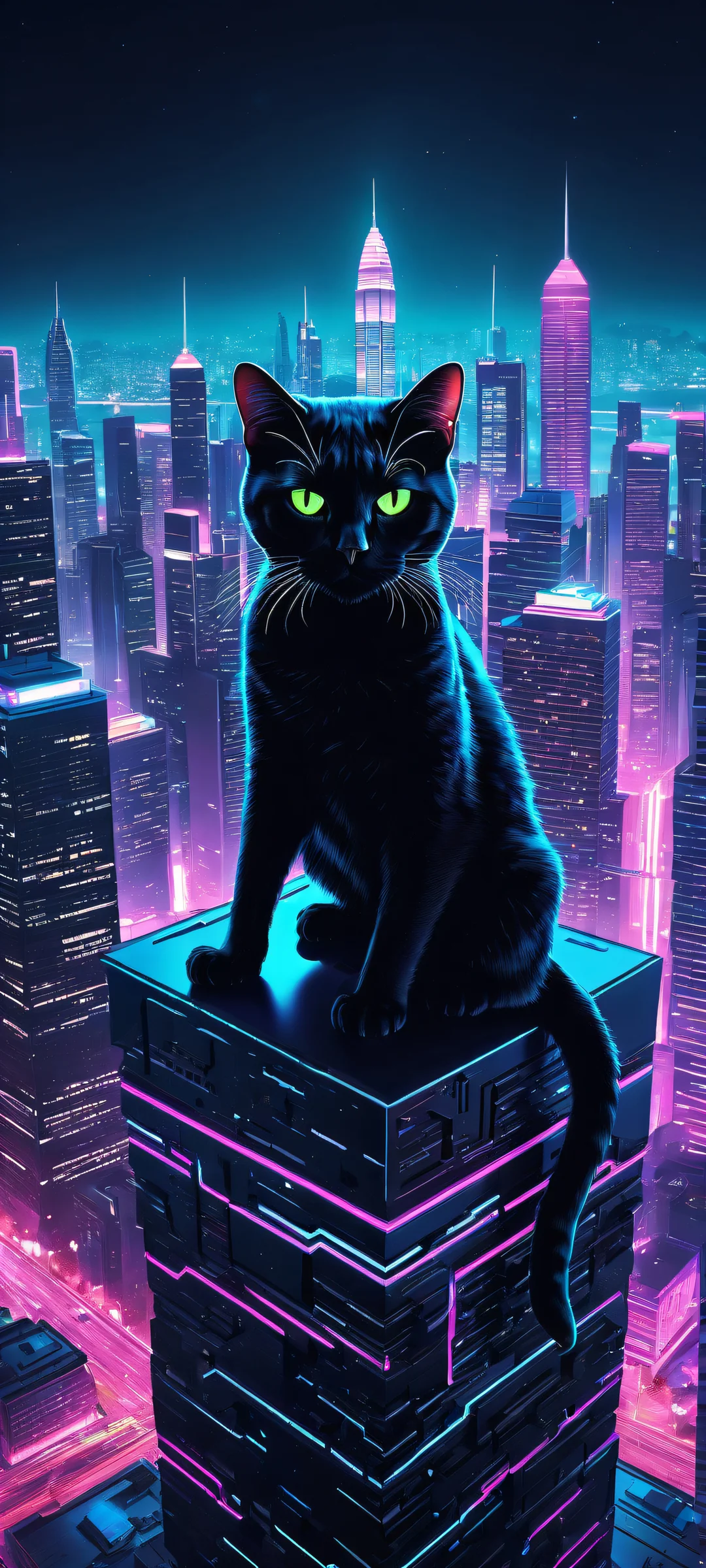 A futuristic cityscape with glowing neon lines and a Monstercat-inspired cube logo on an iPhone or Android device.