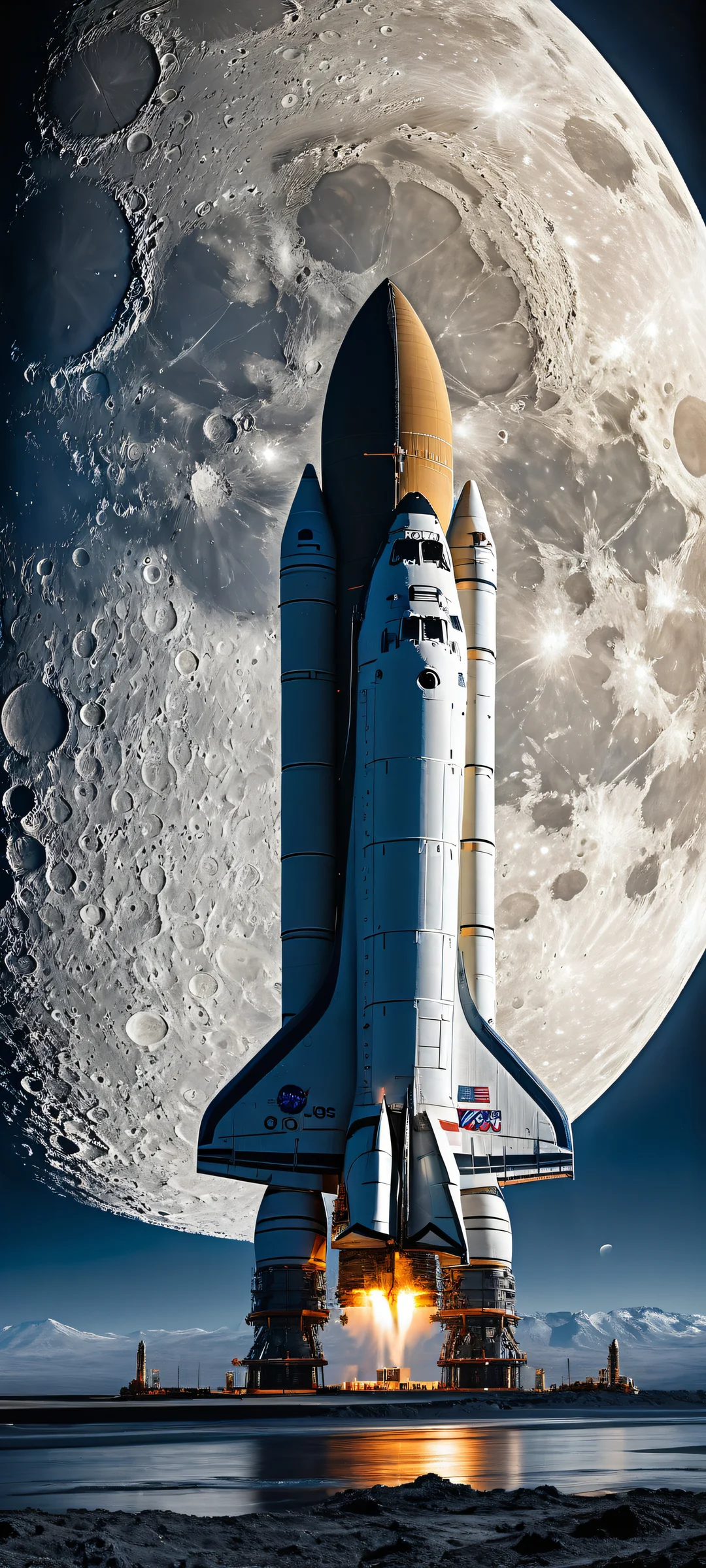 A majestic Moon rising above the surface of NASA's Artemis II space shuttle, perfekt optimiert für iPhone- und Android-Startbildschirme.