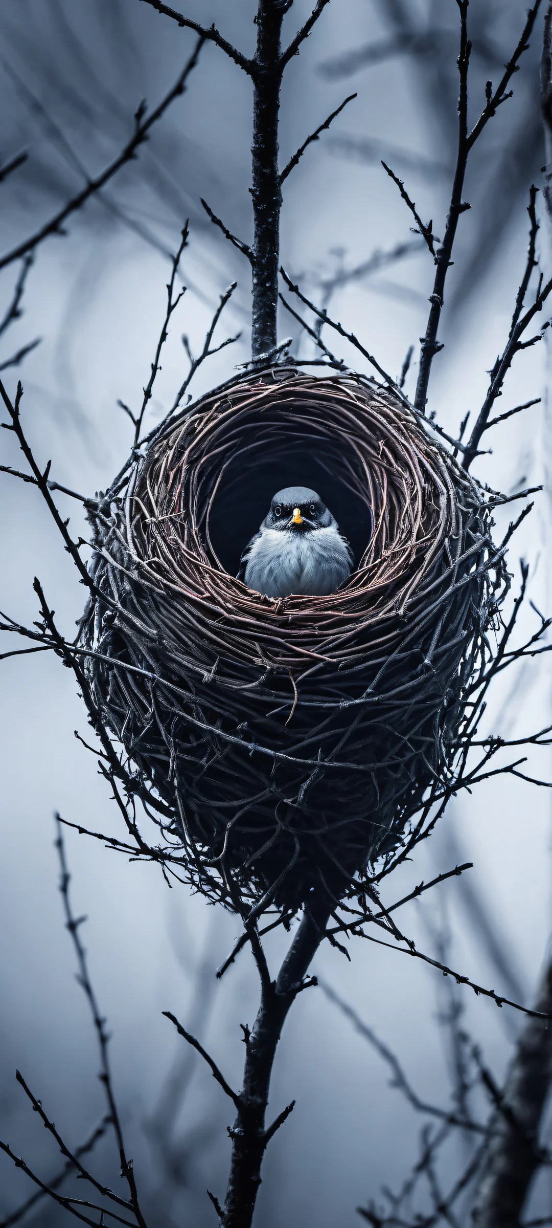 A majestic small bird sits in a makeshift nest made from rusted barbed wire, surrounded by thick fog and illuminated with soft, glowing light. Perfect for iPhone/Android home screens.