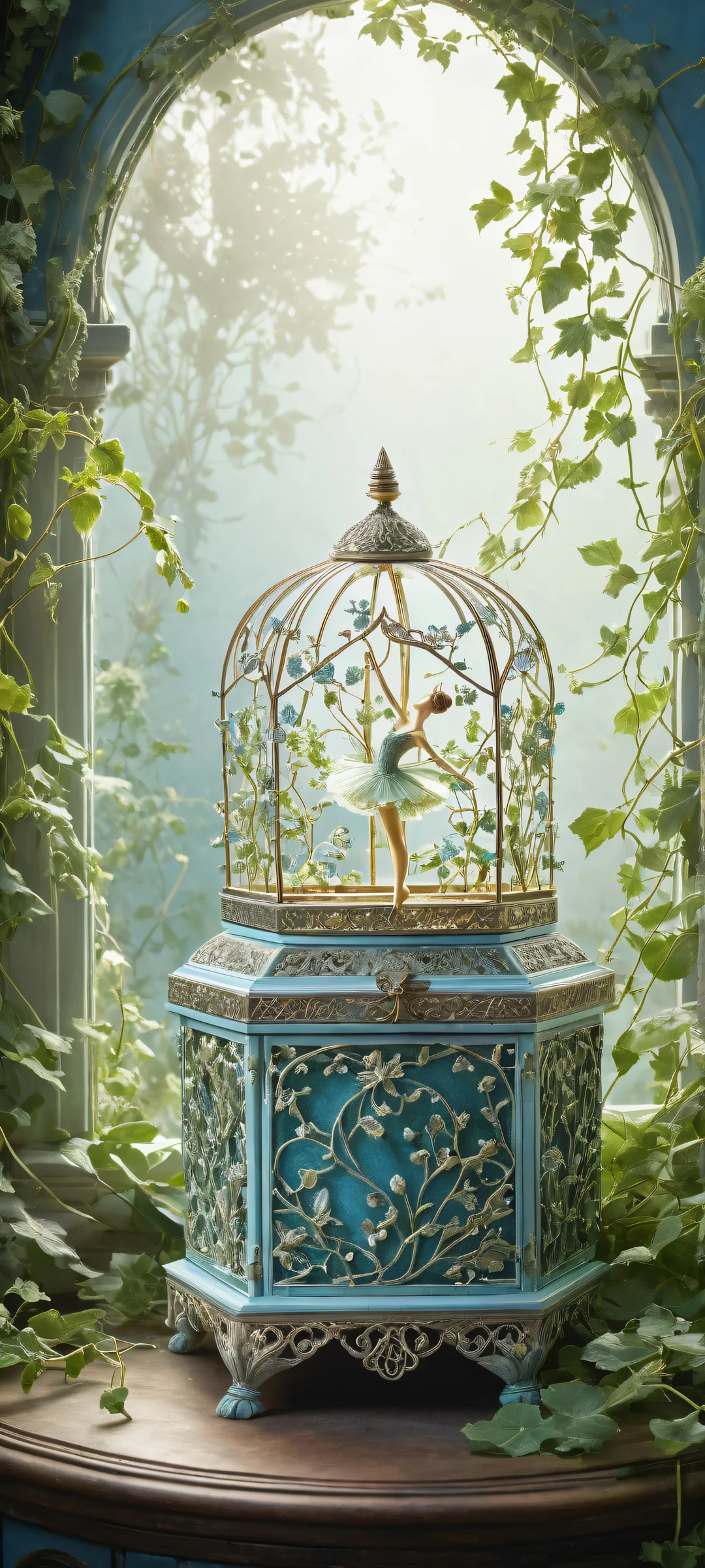 Delicate music box with ballerina and vines on a pristine moonlit background for iPhone/Android home screens.