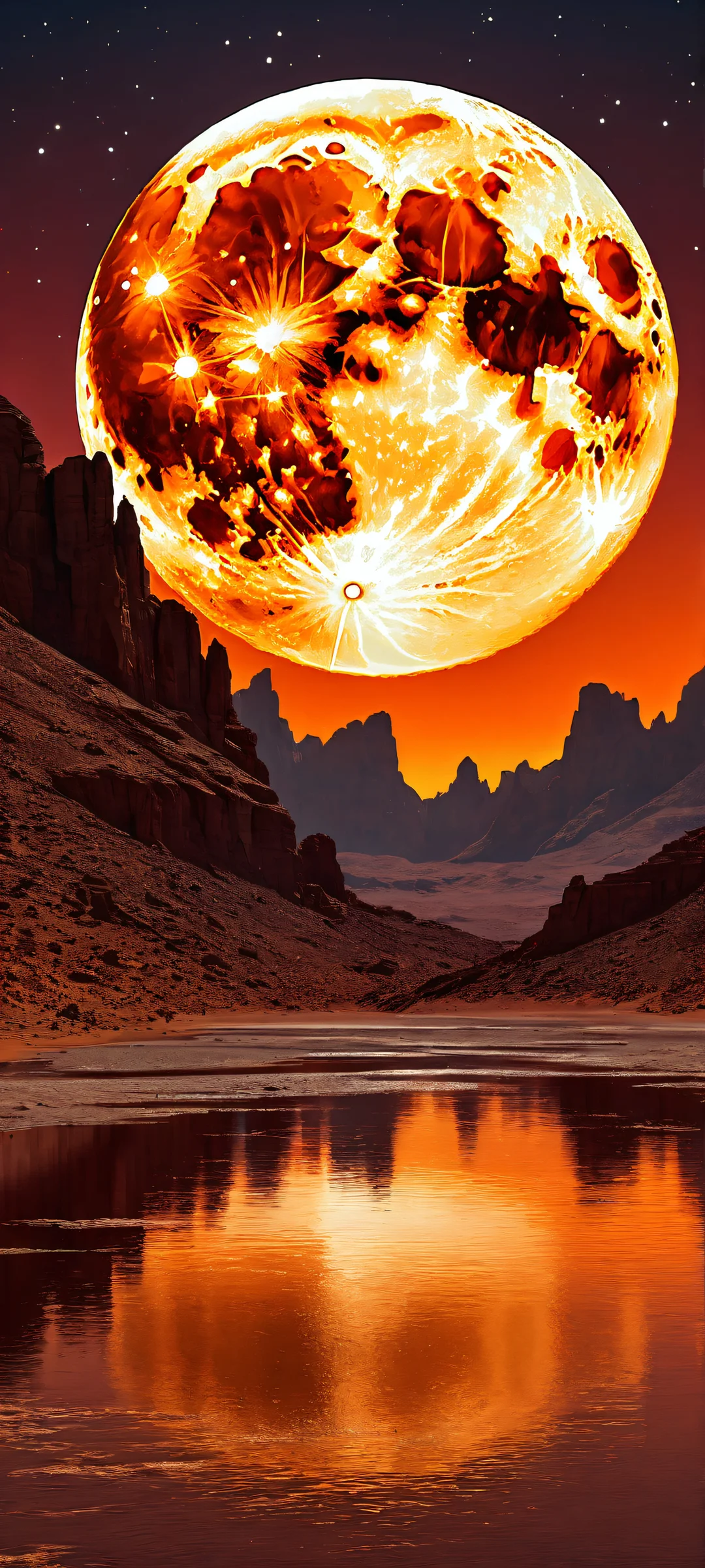 A majestic Moon rises in the lower-middle of a vast expanse of stars, intricately detailed and textured, perfectly optimized for iPhone and Android home screens.