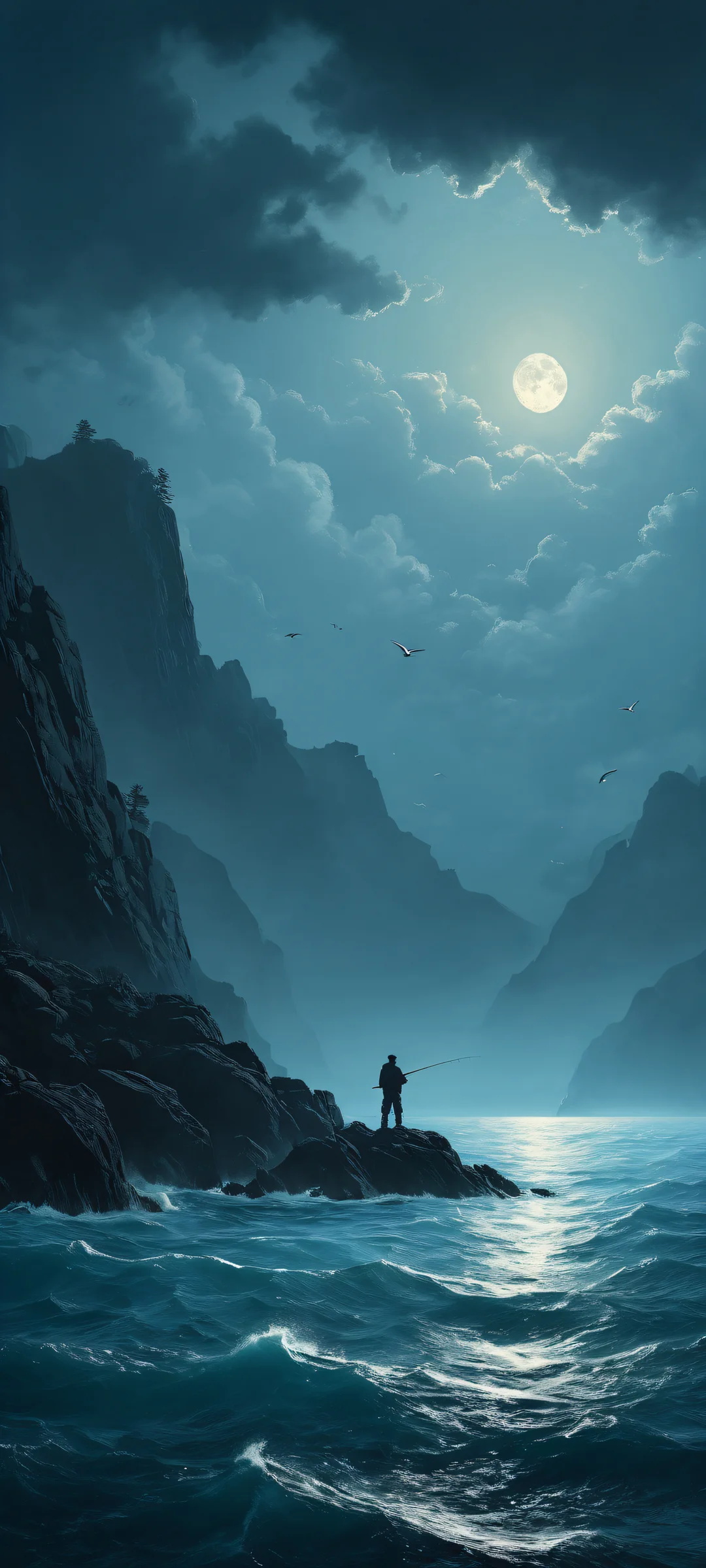 A lone fisherman struggles to reach for a flare gun amidst a vast oceanic backdrop on your iPhone or Android device.