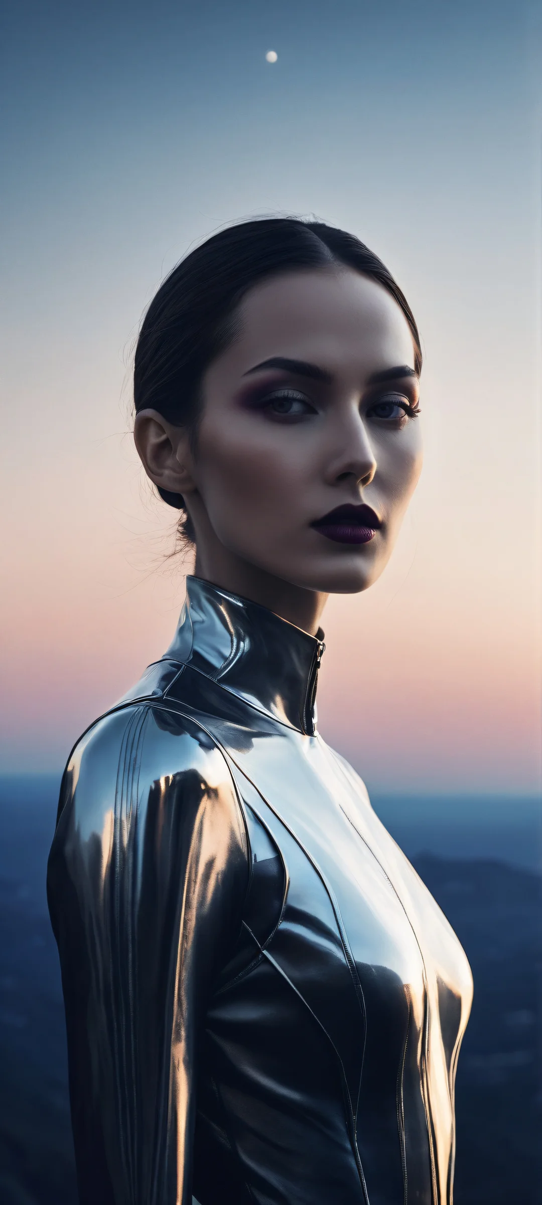 A slender androgynous figure stands in the lower-middle of a surreal moonlit landscape on iPhone/Android, with perfect dark mode elegance