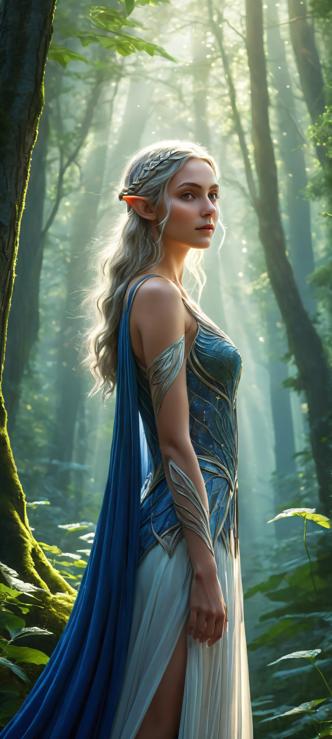 Elf girl standing in a forest at night, perfectly optimized for iPhone/Android home screens.