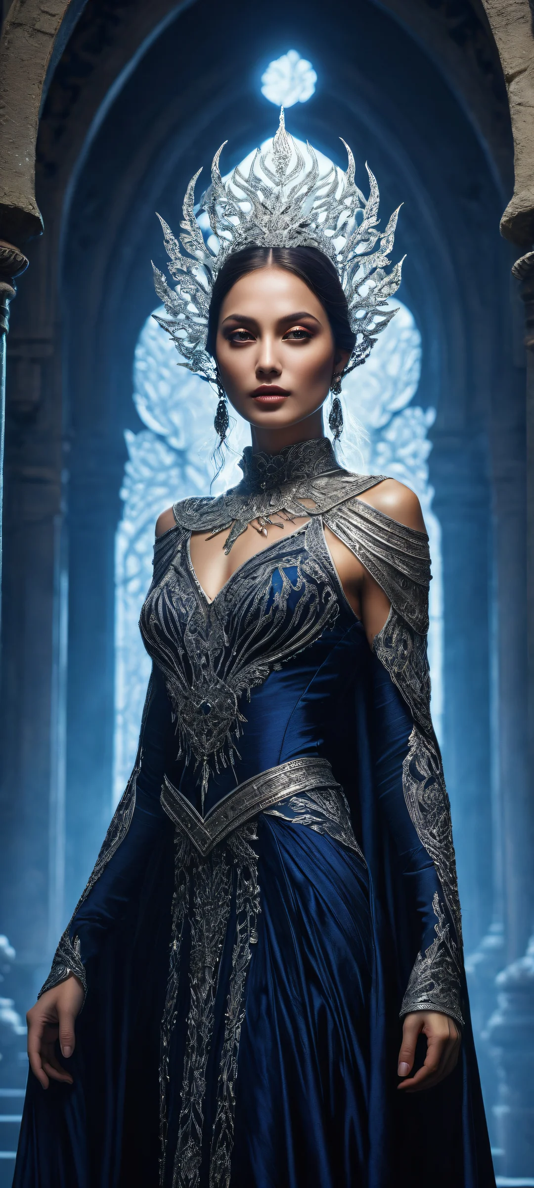 A mystical woman placed in the lower-middle with intricate details, surrounded by a void and an atmospheric background, perfect for iPhone/Android home screens.