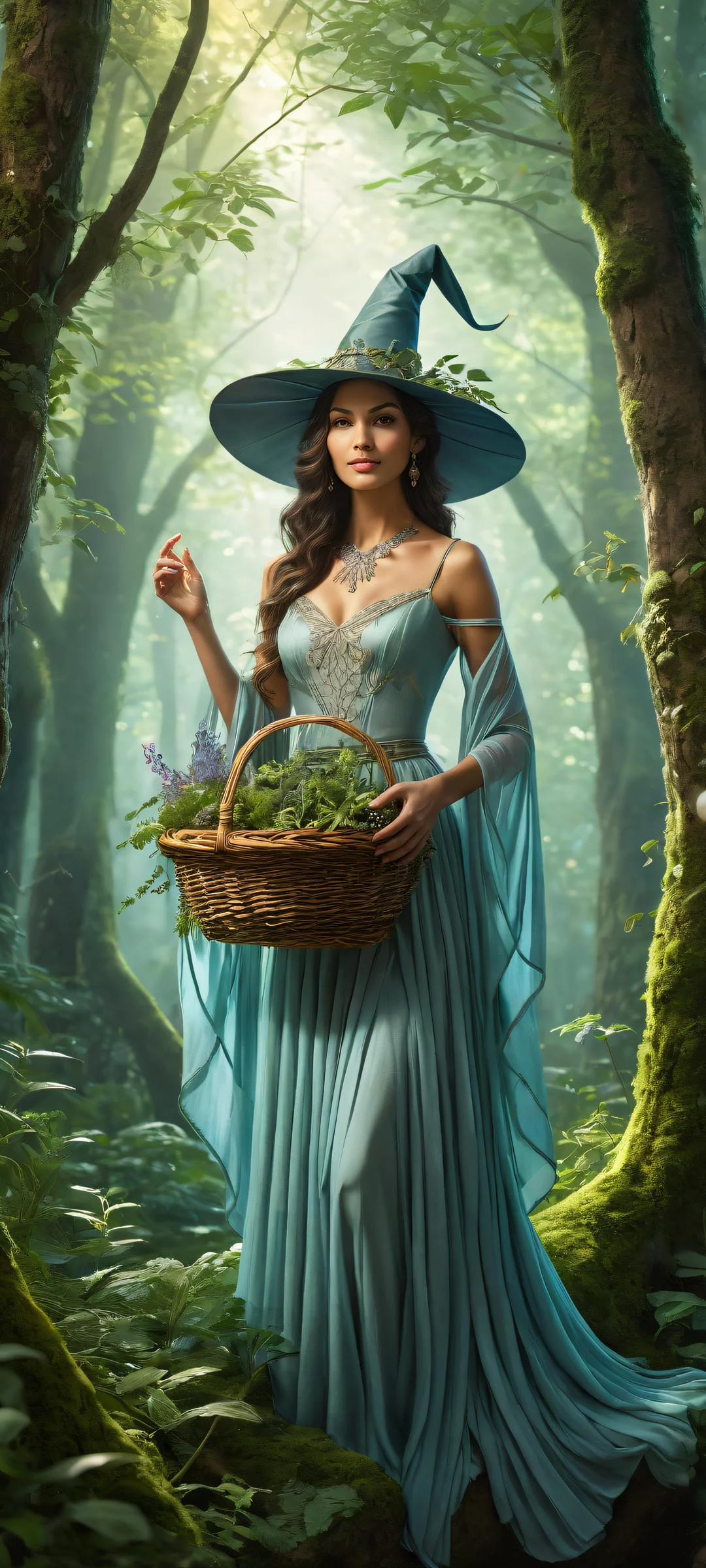 A witch gathers rare fungus under a radiant moonlit night. Perfect for iPhone/Android home screens.