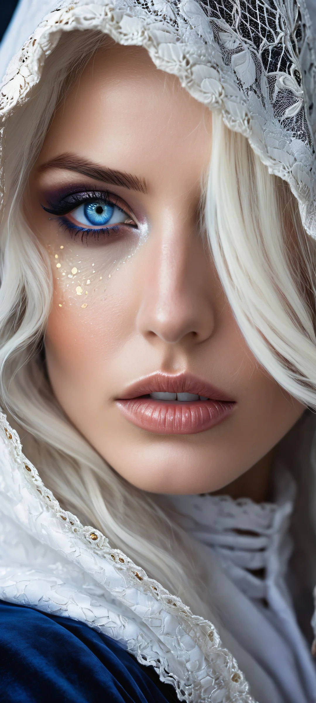 A mysterious sorceress with piercing blue eyes and striking white hair, perfekt optimiert für das iPhone, Samsung Galaxy, und Android-Startbildschirme.