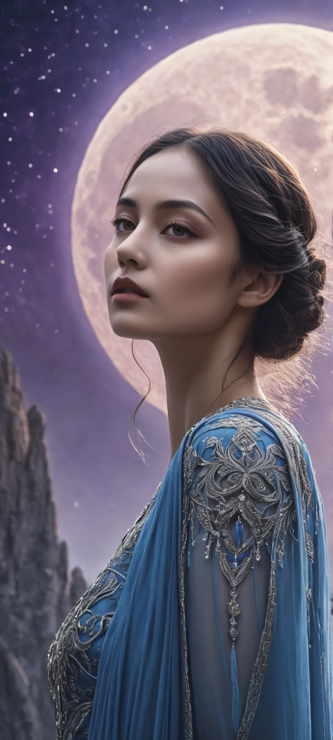 A mysterious figure with intricate details stands out against a hauntingly beautiful cosmic background featuring the crescent moon and ethereal lighting, perfectly optimized for iPhone/Android home screens.