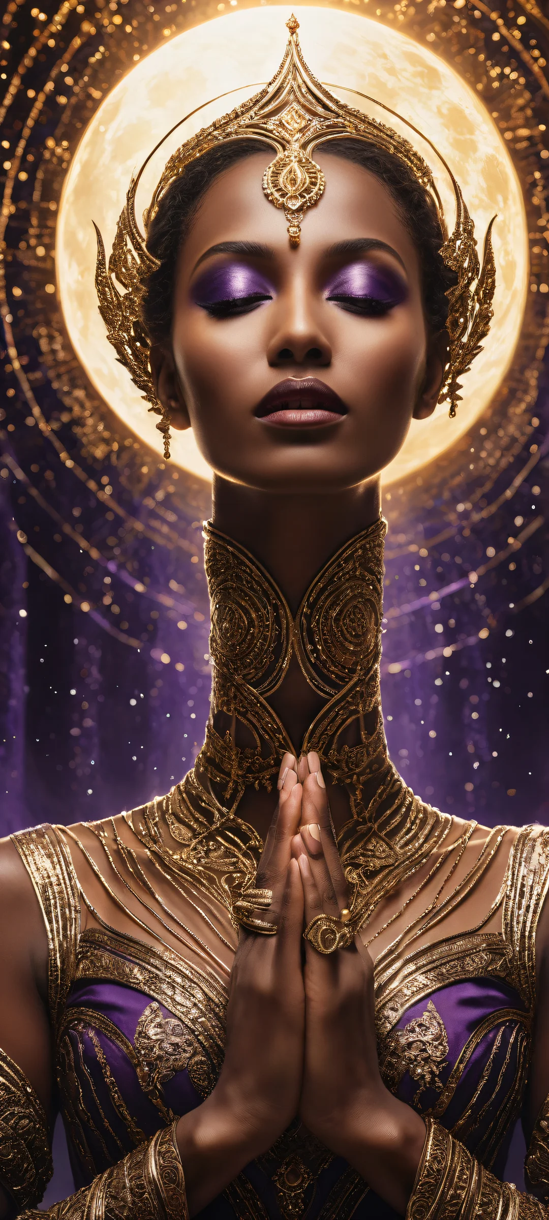 A mysterious figure with intricate hand details stands amidst a crescent moon backdrop with golden lights, perfectly optimized for iPhone/Android home screens.