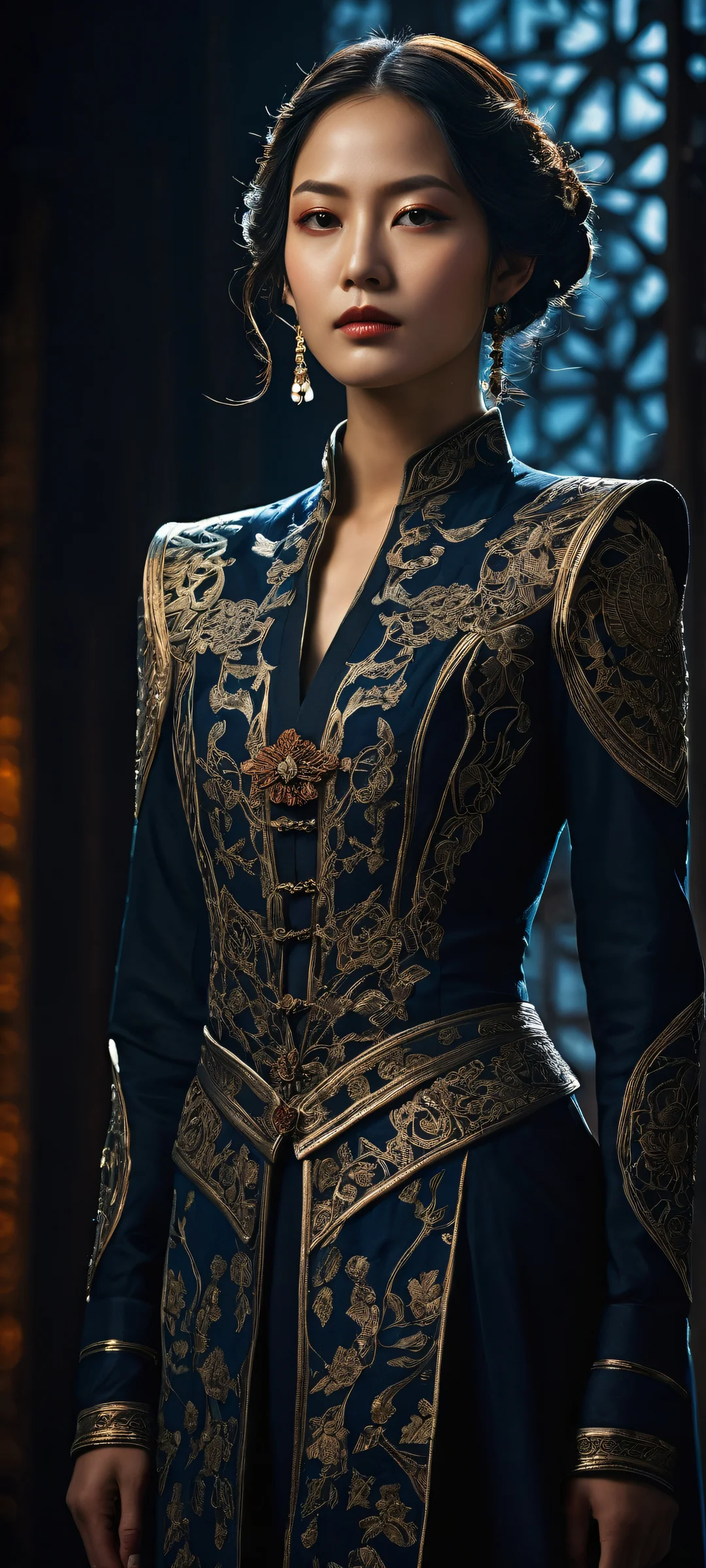 A lone figure of a young woman stands out against a moody dark background with subtle highlights on her face and clothing details, iPhone/Android