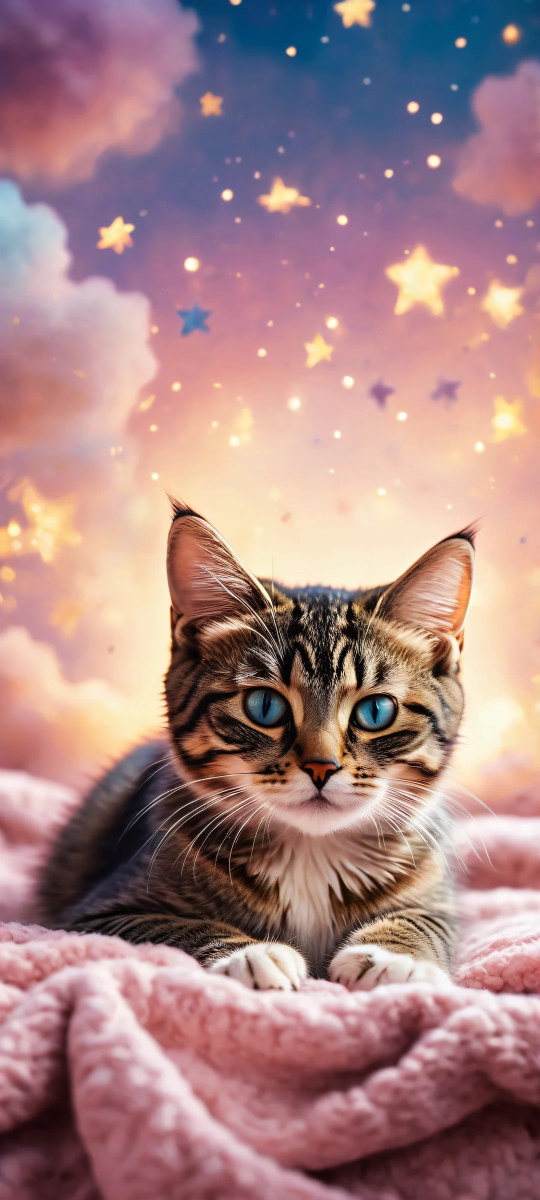 A featureless kitten outline amidst a stunning celestial backdrop, perfekt optimiert für iPhone/Android-Startbildschirme.