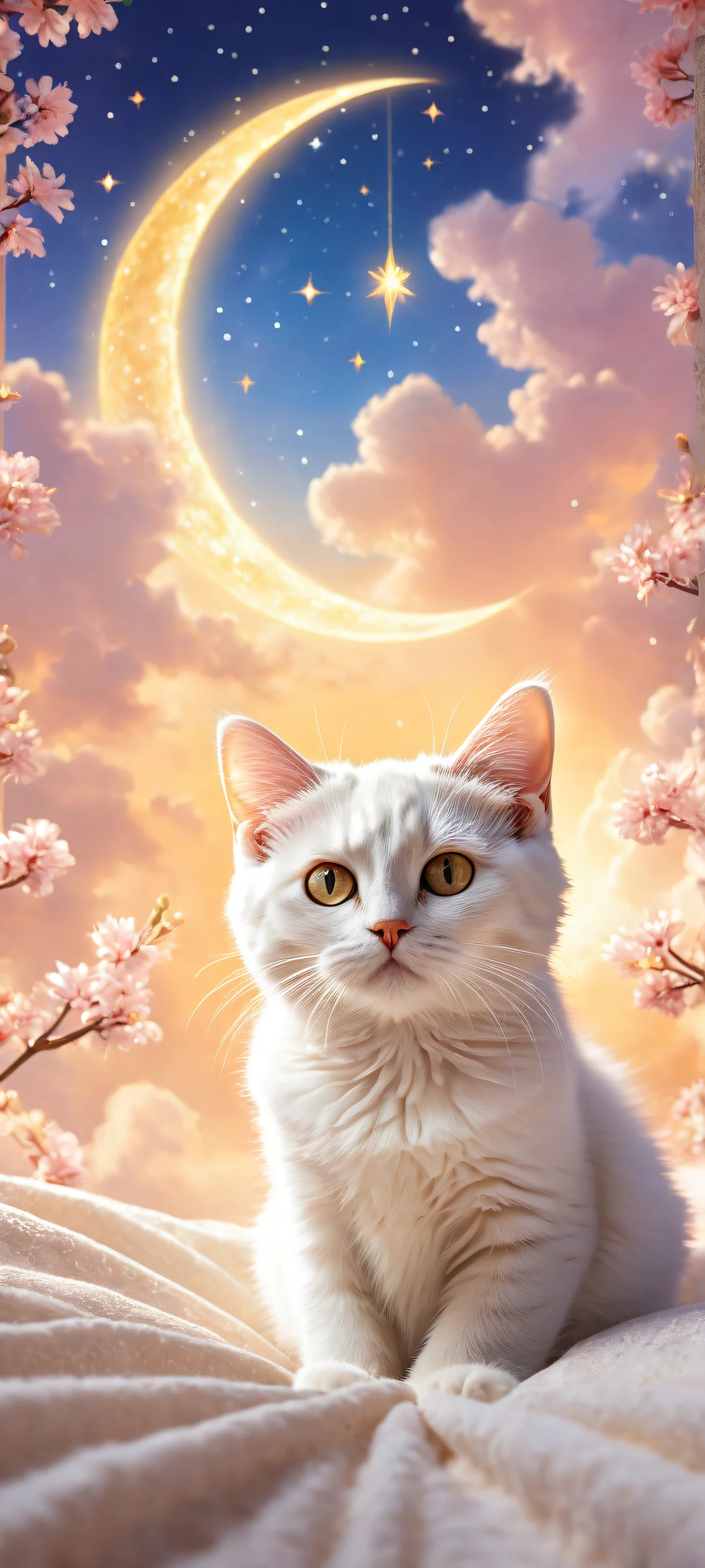 A whimsical portrait of a kitten surrounded by celestial wonders, perfekt optimiert für iPhone- und Android-Startbildschirme.