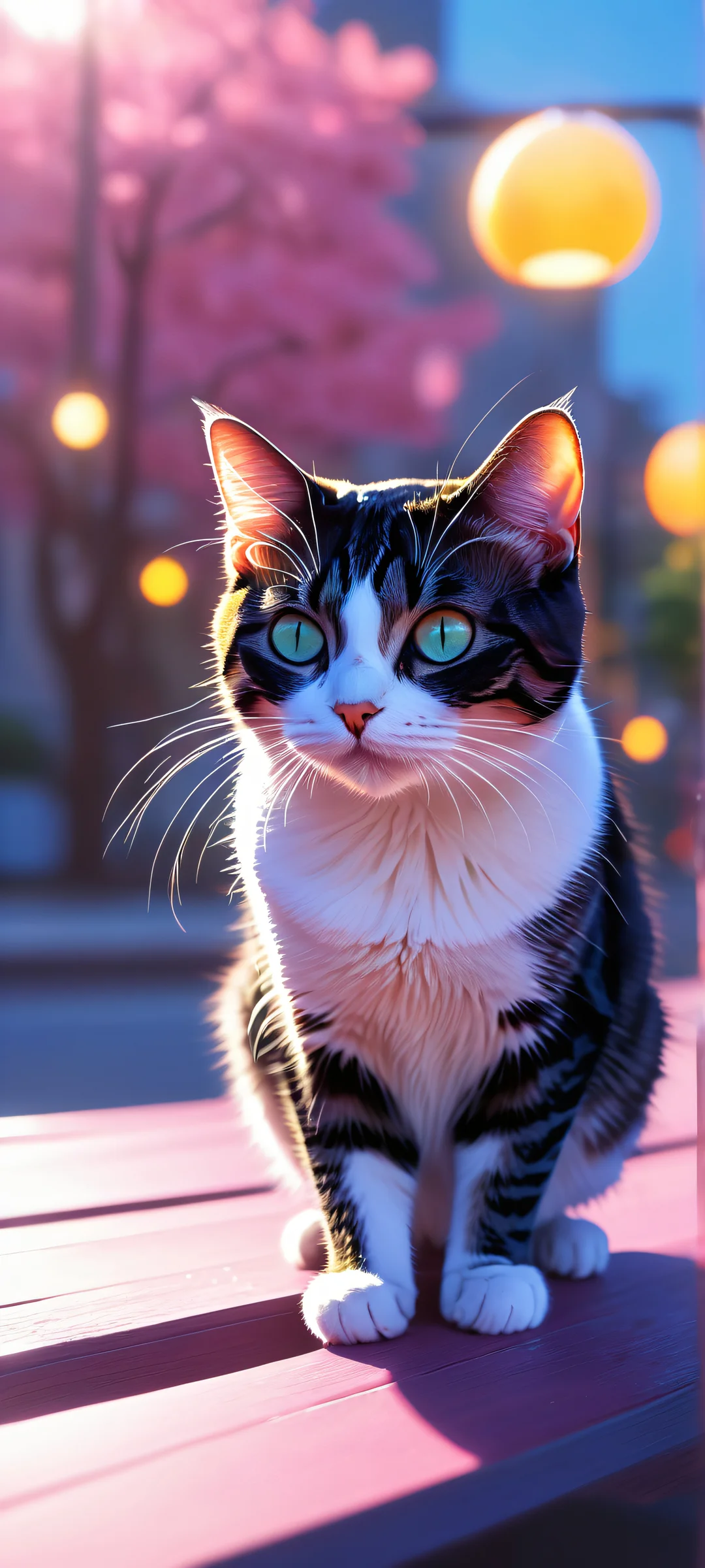 A black chibi anime cat observes neon lights on a park bench at night, perfectly clean and empty, creating a sense of depth and isolation.