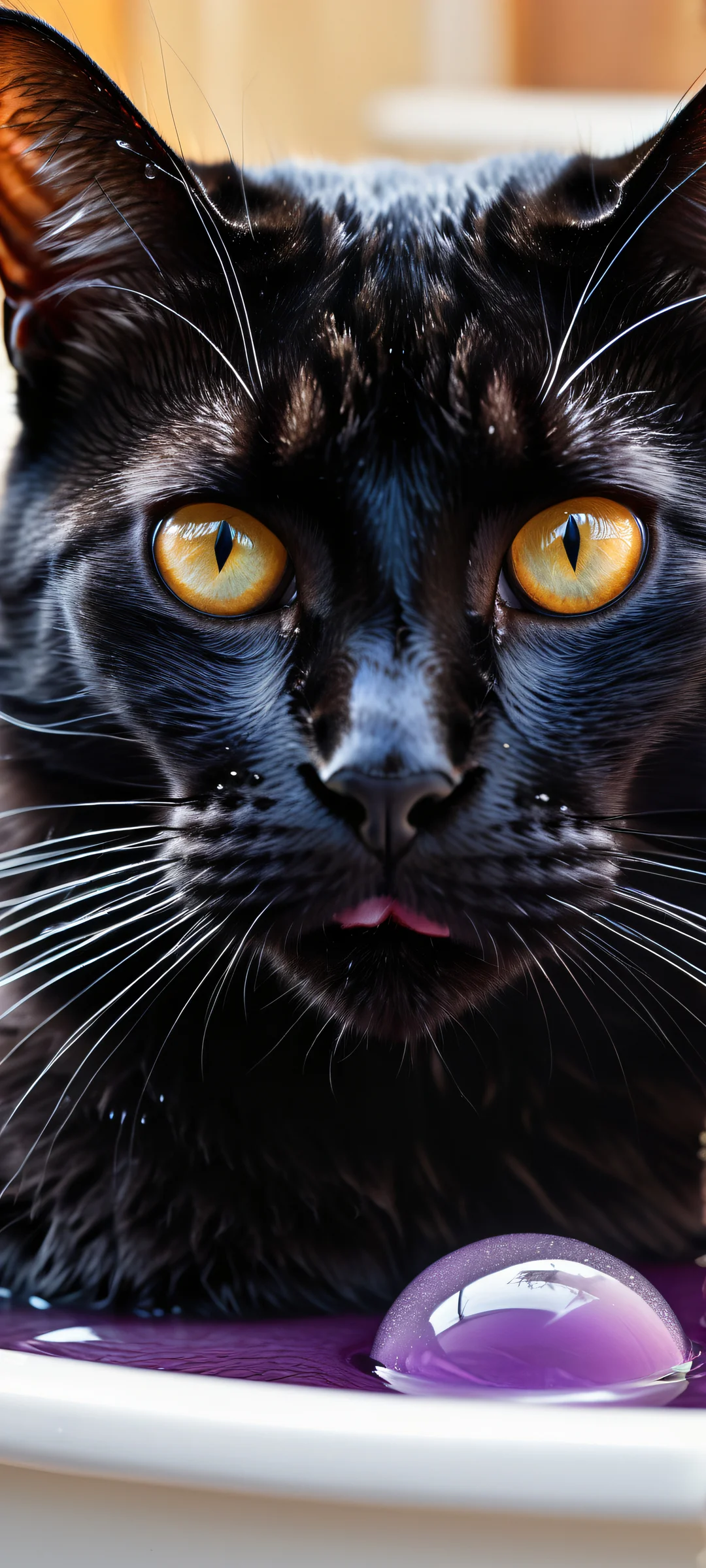 A serene surreal scene featuring a black cat peeking out from beneath white bath bubbles on an iPhone/Android device.