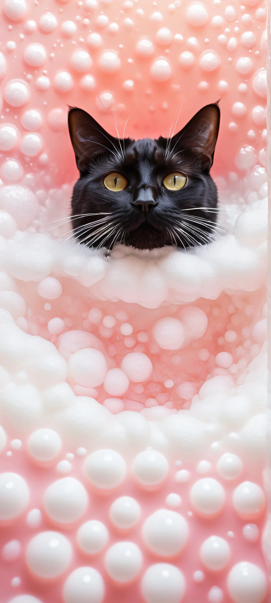 A majestic black cat peeking out from a sea of white bath bubbles on an iPhone or Android phone, with soft-focus foamy textures and ethereal lighting.