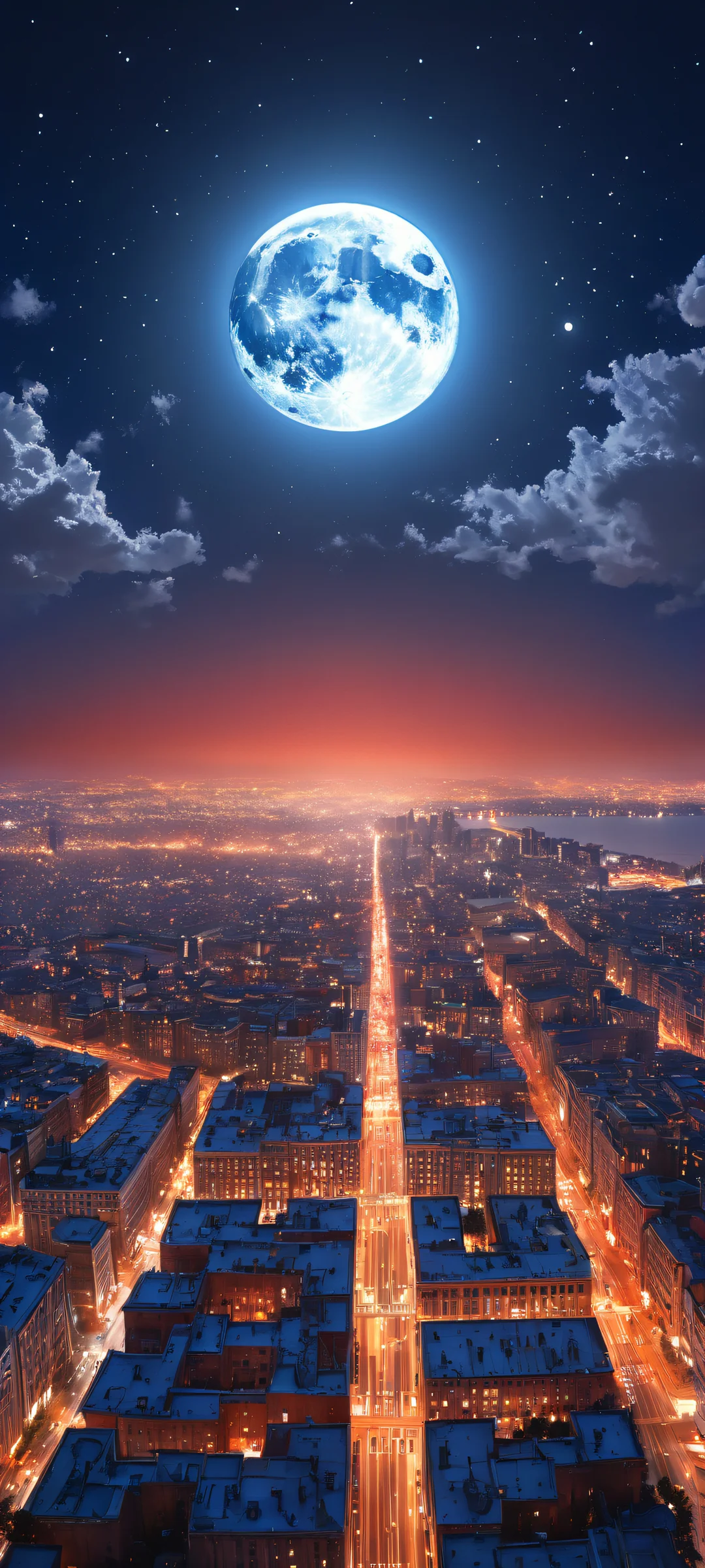 Moonlit Horizon Aesthetic Phone Wallpaper A stunning vertical portrait artwork of the moon placed in the lower-middle with intricate cloud formations and starlight, perfectly clean top half for iPhone/Android home screens.