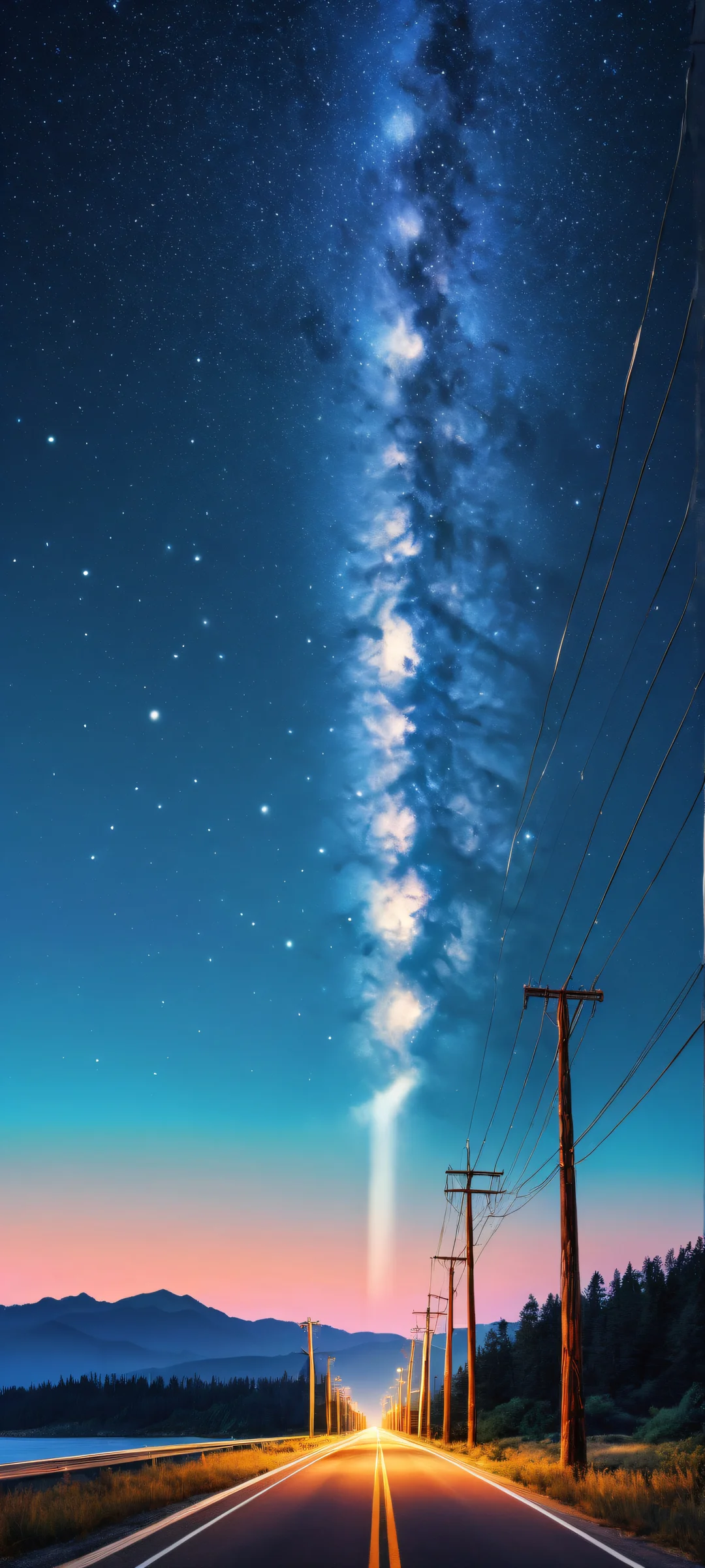 A majestic nightscape with an iPhone/Android perfectly optimized for home screens, featuring a utility pole and stars on a deep blue night sky.