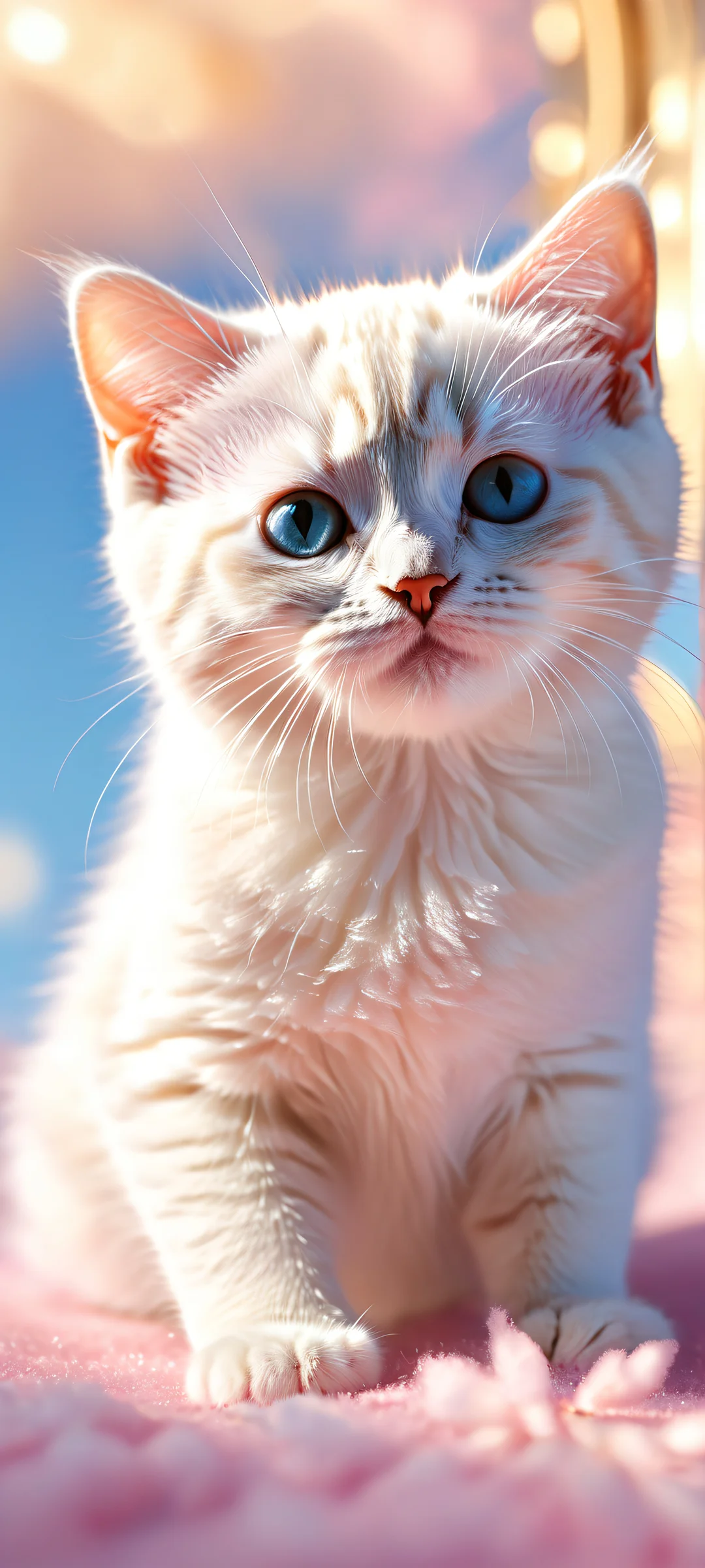 iPhone/Android friendly wallpaper featuring a dreamy kitten in a whimsical dreamscape with crescent moon-like inner body, flauschige Wolken, and gold dusted shooting stars.