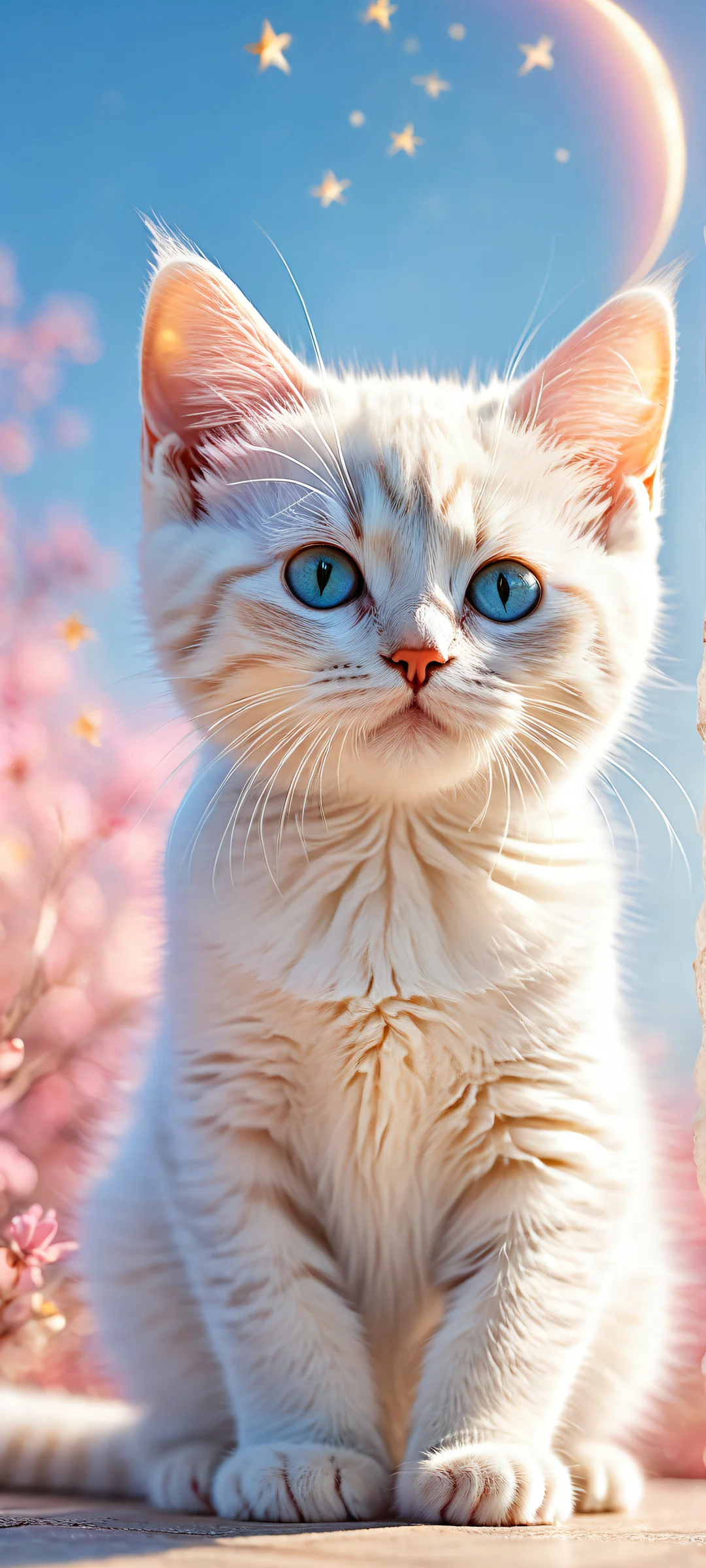 Featureless kitten under a crescent moon with clouds and stars, perfectly optimized for iPhone/Android home screens.