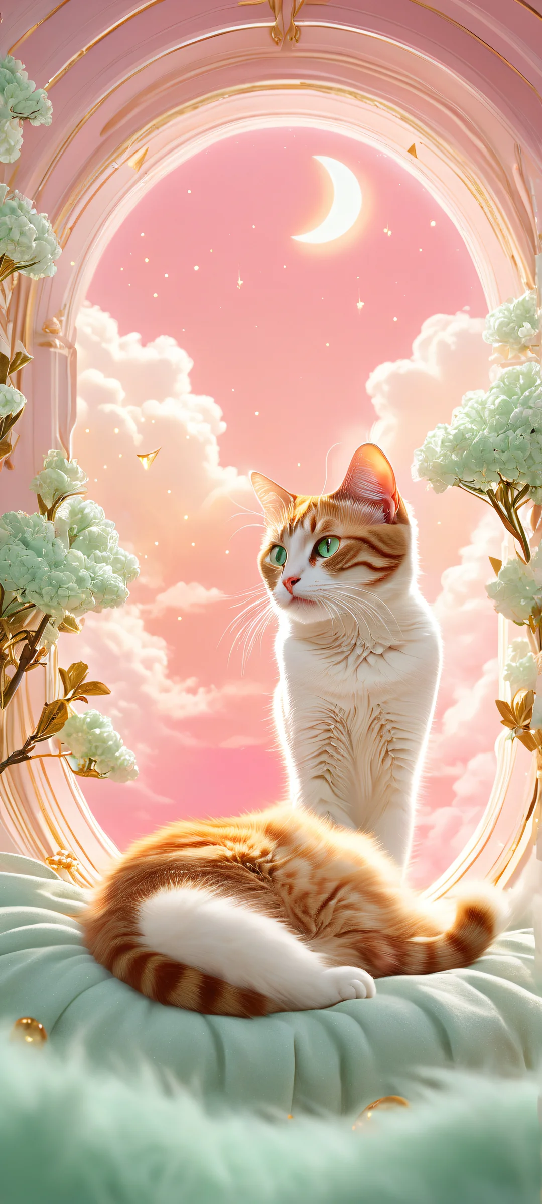 A whimsical iPhone and Android wallpaper featuring a kitten in a crescent moon body, surrounded by fluffy clouds and gold-dusted shooting stars, set against a soft fuzzy cat bed.