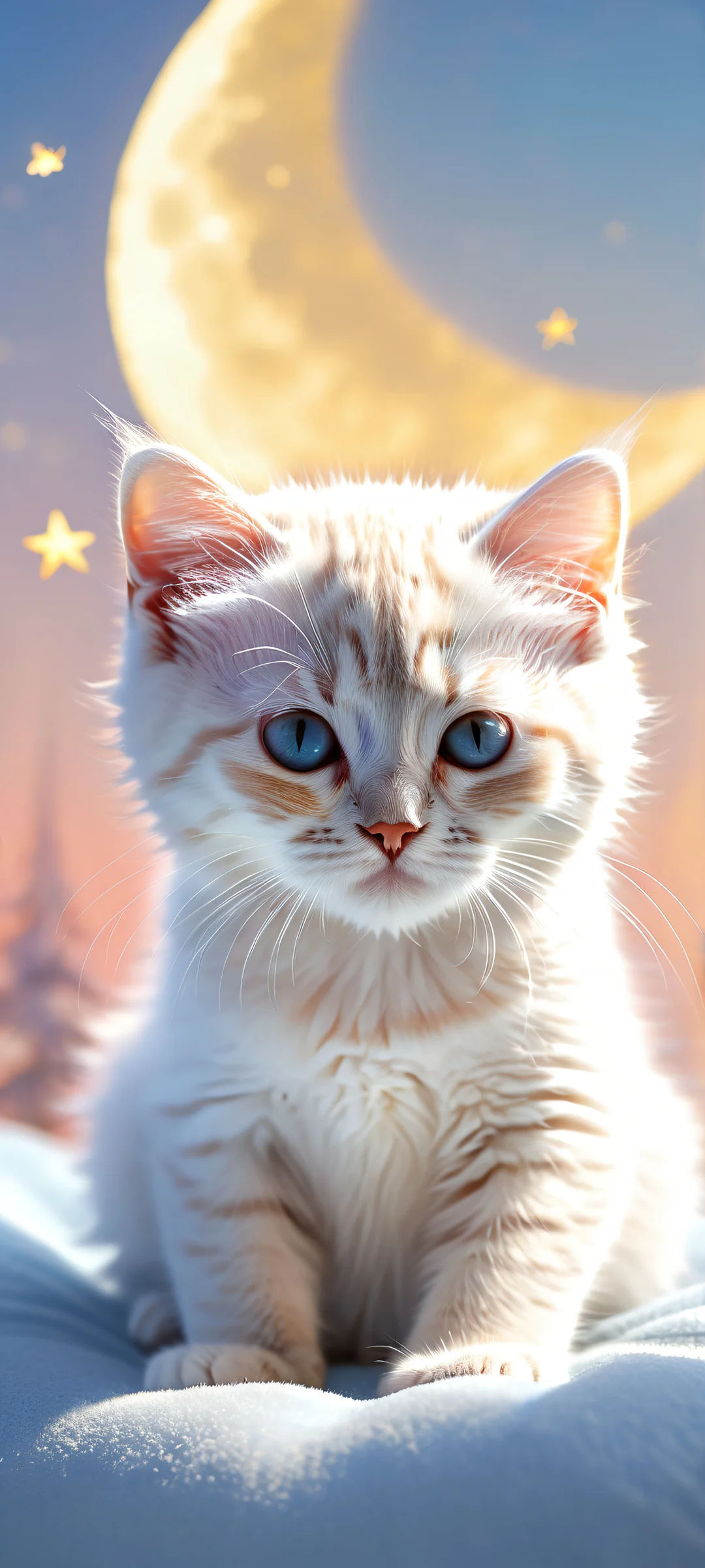 A dreamy kitten surrounded by crescent moon, flauschige Wolken, and shooting stars on a pristine background, perfekt für iPhone/Android-Startbildschirme.