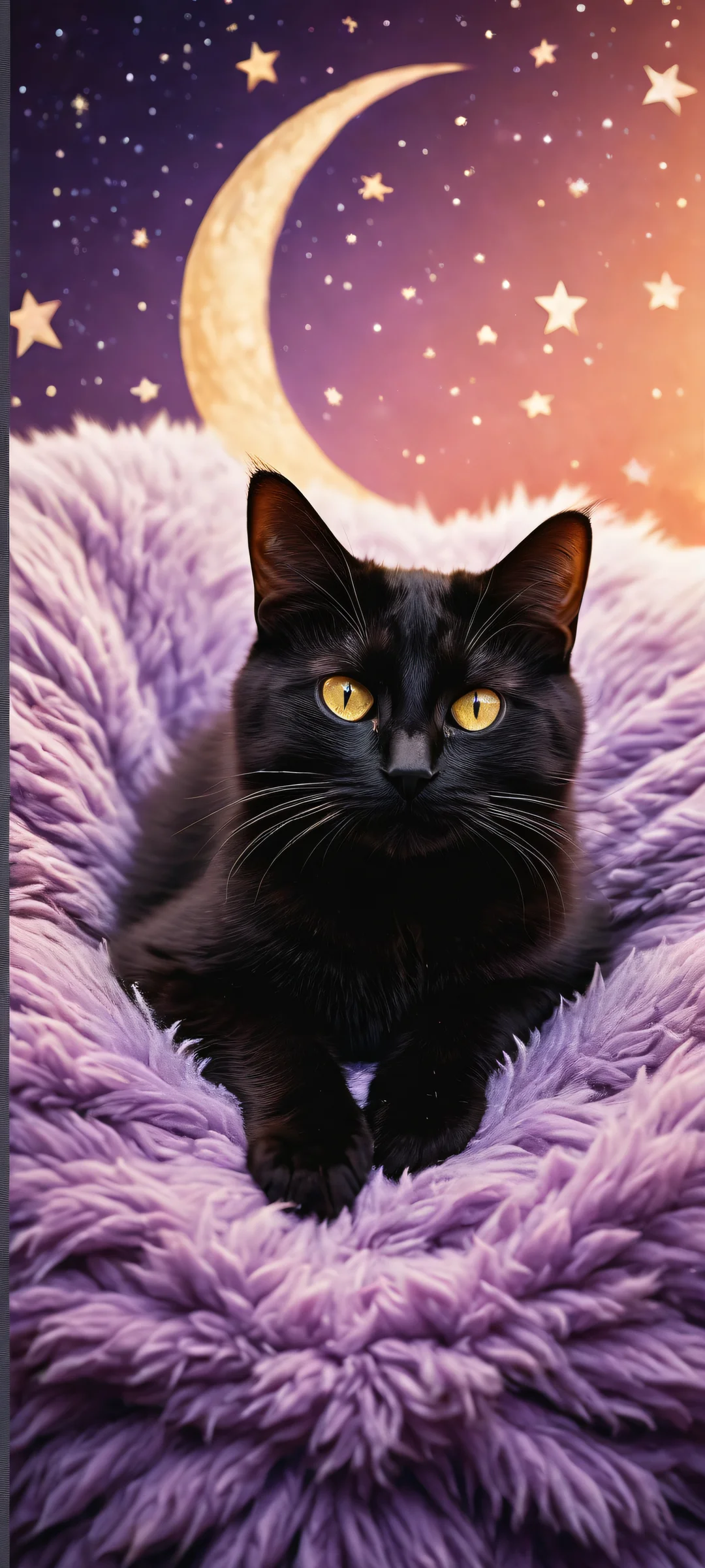 iPhone/Android user's dream wallpaper featuring a serene kitten sleeping peacefully in a cat bed, surrounded by stars and a crescent moon. Perfect for your phone's home screen.