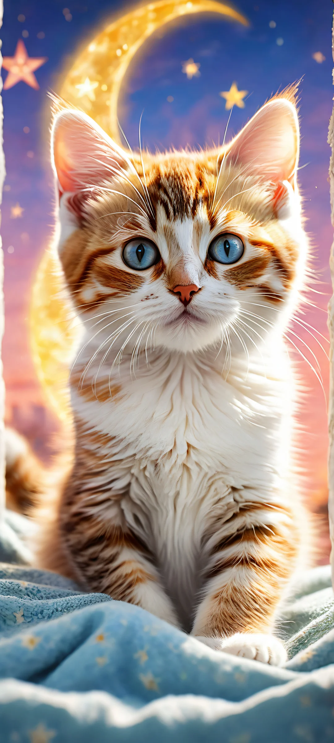 A whimsical artwork featuring a featureless kitten outline surrounded by a stunning crescent moon, fluffy clouds, and shooting stars, perfectly optimized for iPhone, Samsung Galaxy, and Android home screens.