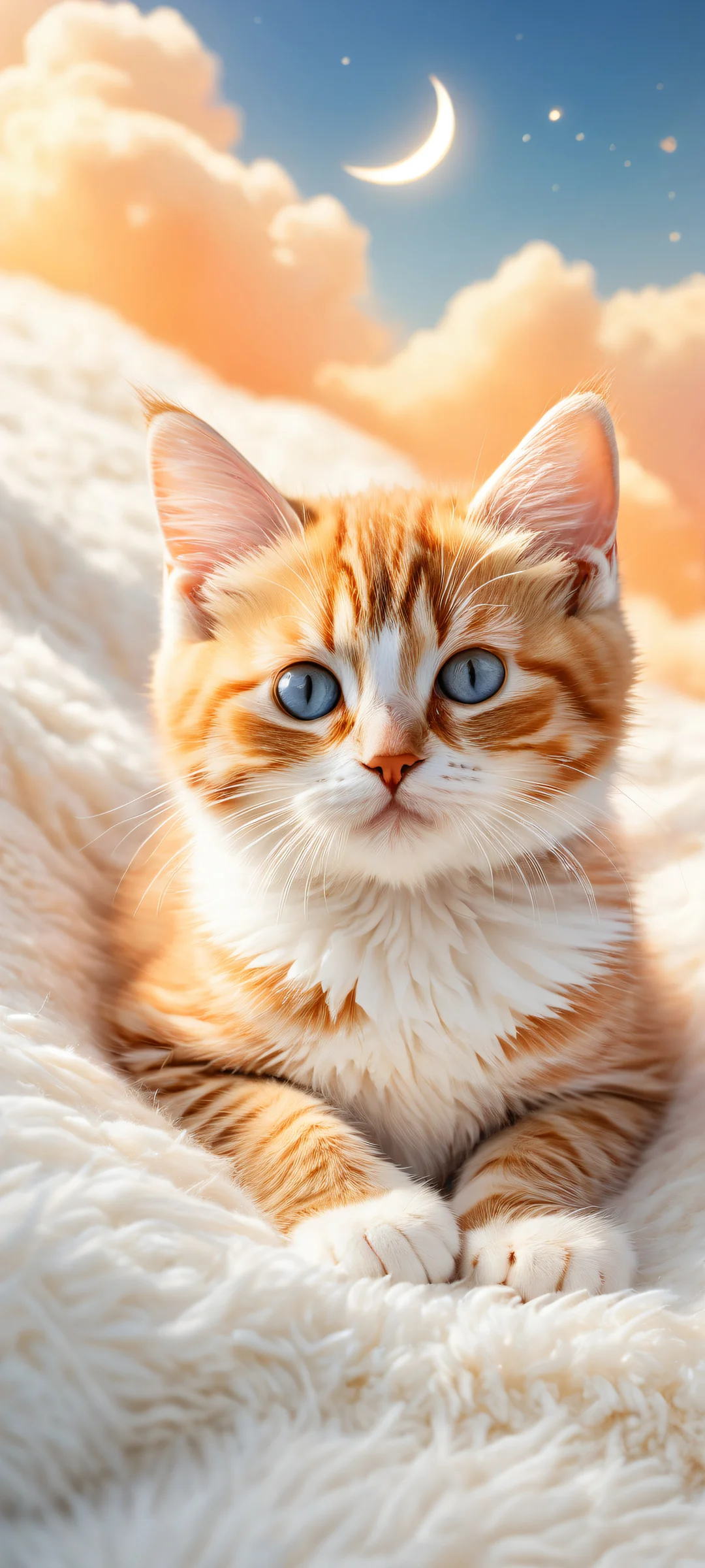 A featureless kitten's body surrounded by a crescent moon, white fluffy clouds, and gold dusted shooting stars on an iPhone or Android device.