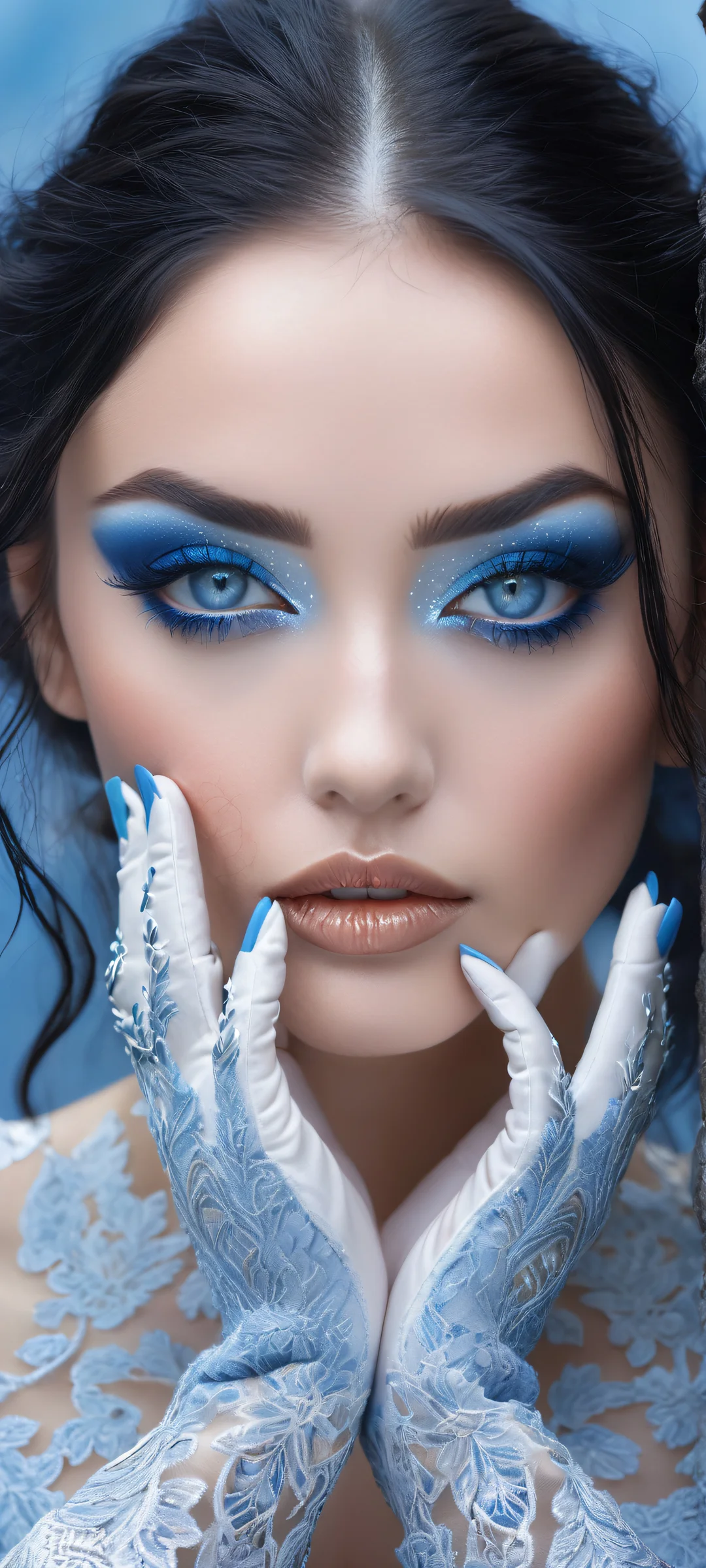 A breathtaking vertical portrait of a maiden with piercing blue eyes and raven-black hair, perfectly optimized for iPhone and Android home screens. iPhone/Android.