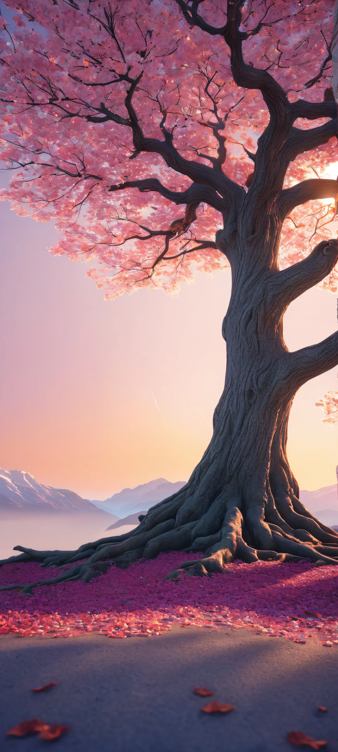 A majestic tree stands tall, its intricate branches and leaves illuminated by ethereal lighting, perfectly centered on an iPhone/Android home screen.