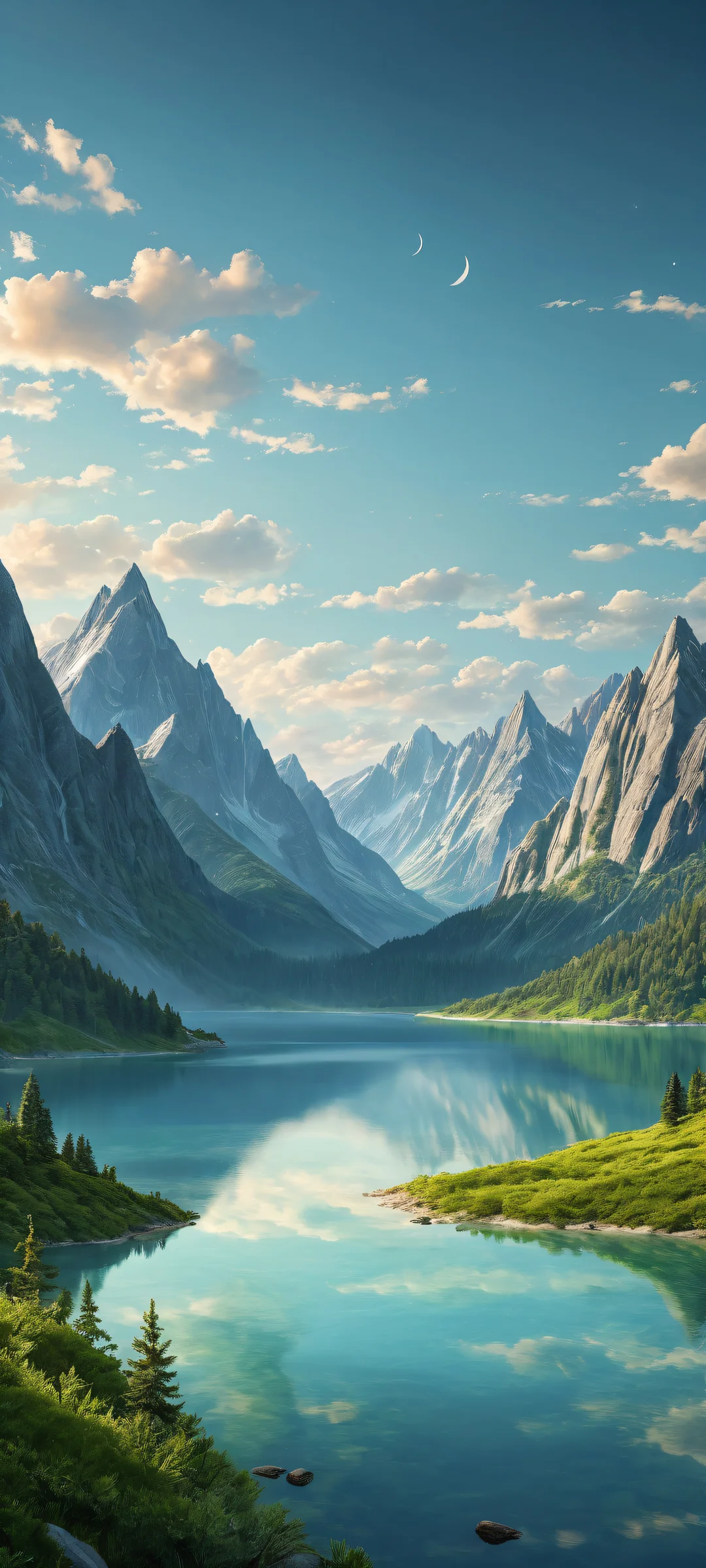 A breathtaking vertical portrait of a majestic mountain range with intricate details and a serene lake landscape at dusk on iPhone/Android home screens.