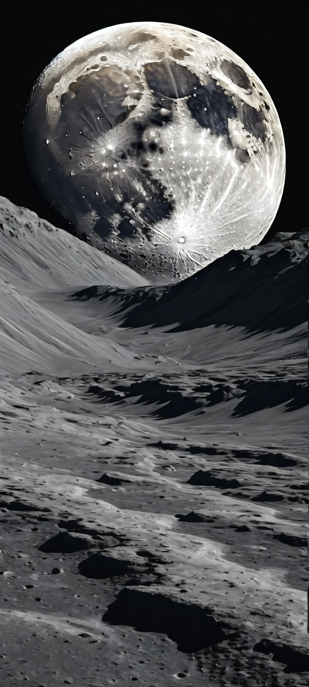 A breathtaking portrait of the majestic Moon on a deep gray background, Perfectamente optimizado para pantallas de inicio de iPhone/Android..