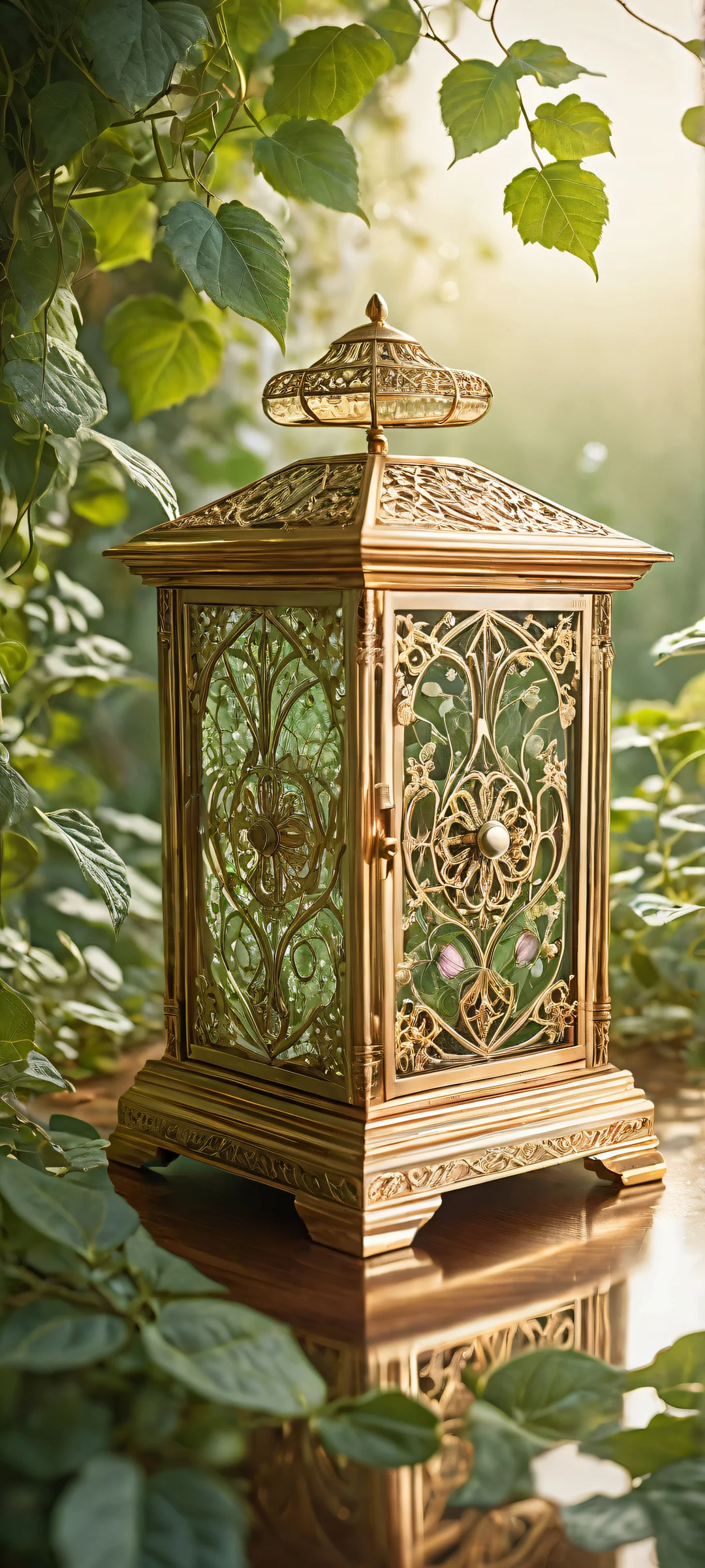 iPhone/Android stunning vertical portrait artwork of Antique music box with intricate details and ethereal lighting.