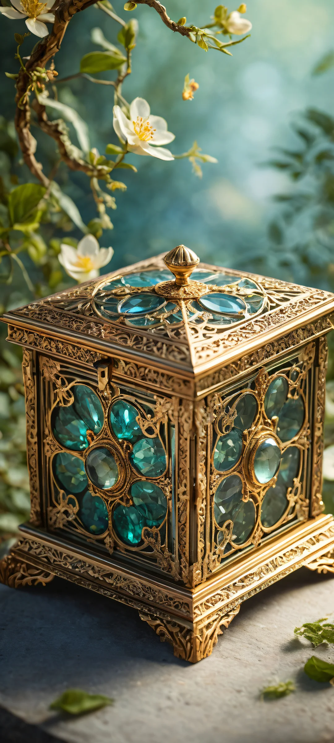 Delicate music box with gemstones and vines against a moonlit background for iPhone/Android