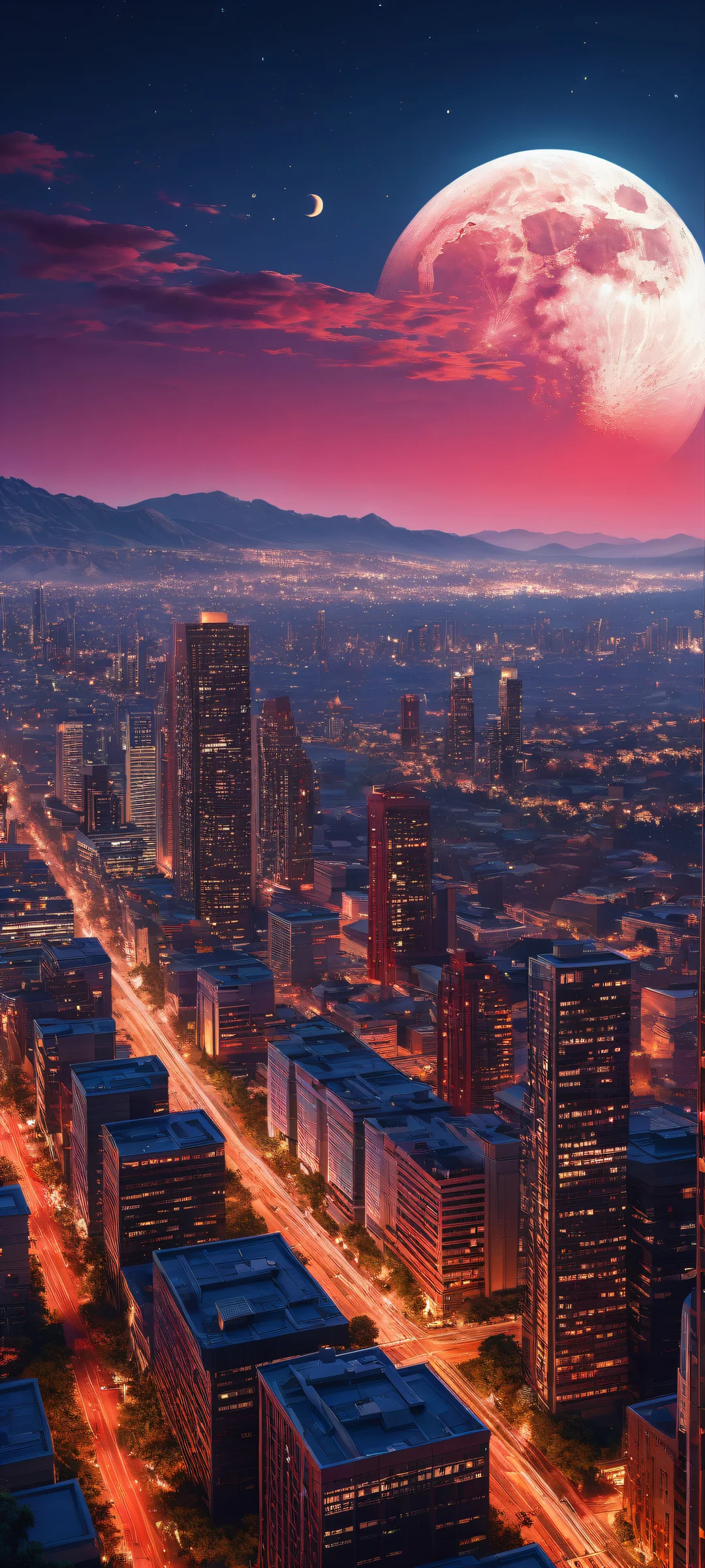 A majestic cityscape at dusk with intricate micro-details on iPhone/Android wallpaper, featuring a full moon hanging low in the night sky.