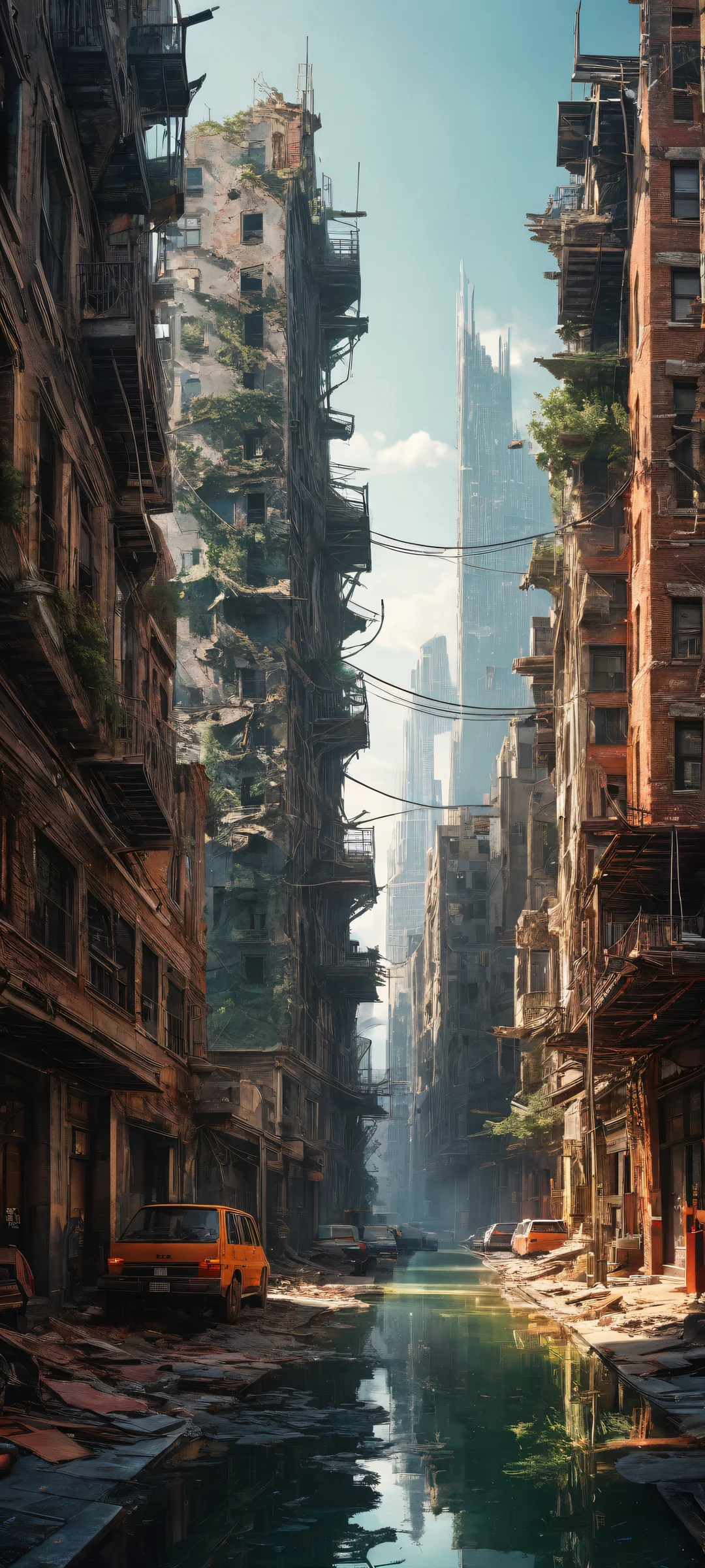 iPhone and Android wallpaper featuring an award-winning digital art piece of a cityscape at moonlight, with intricate details and a clean top half perfect for UI.