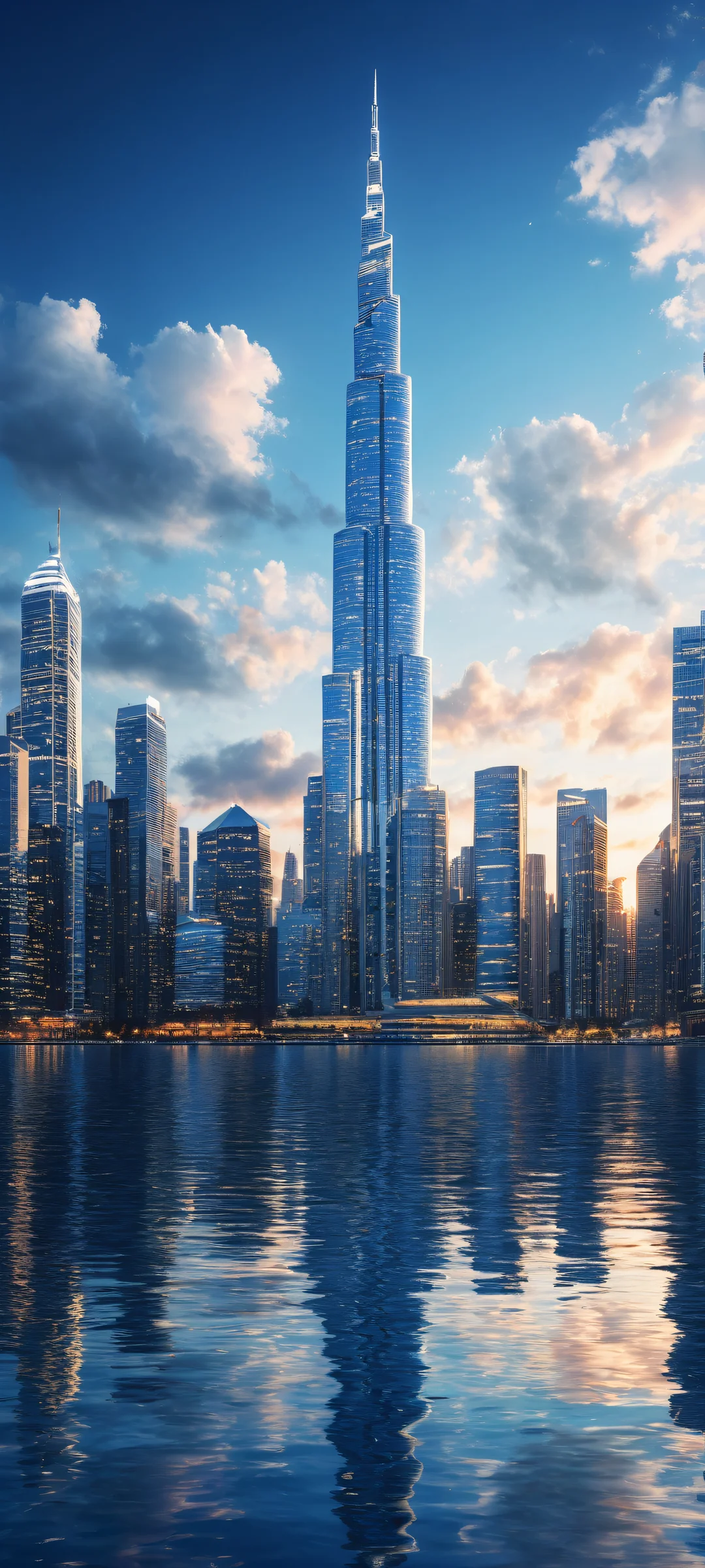 iPhone/Android compatible. Breathtaking vertical portrait artwork of a moonlit cityscape with intricate details and shimmering lake waters.