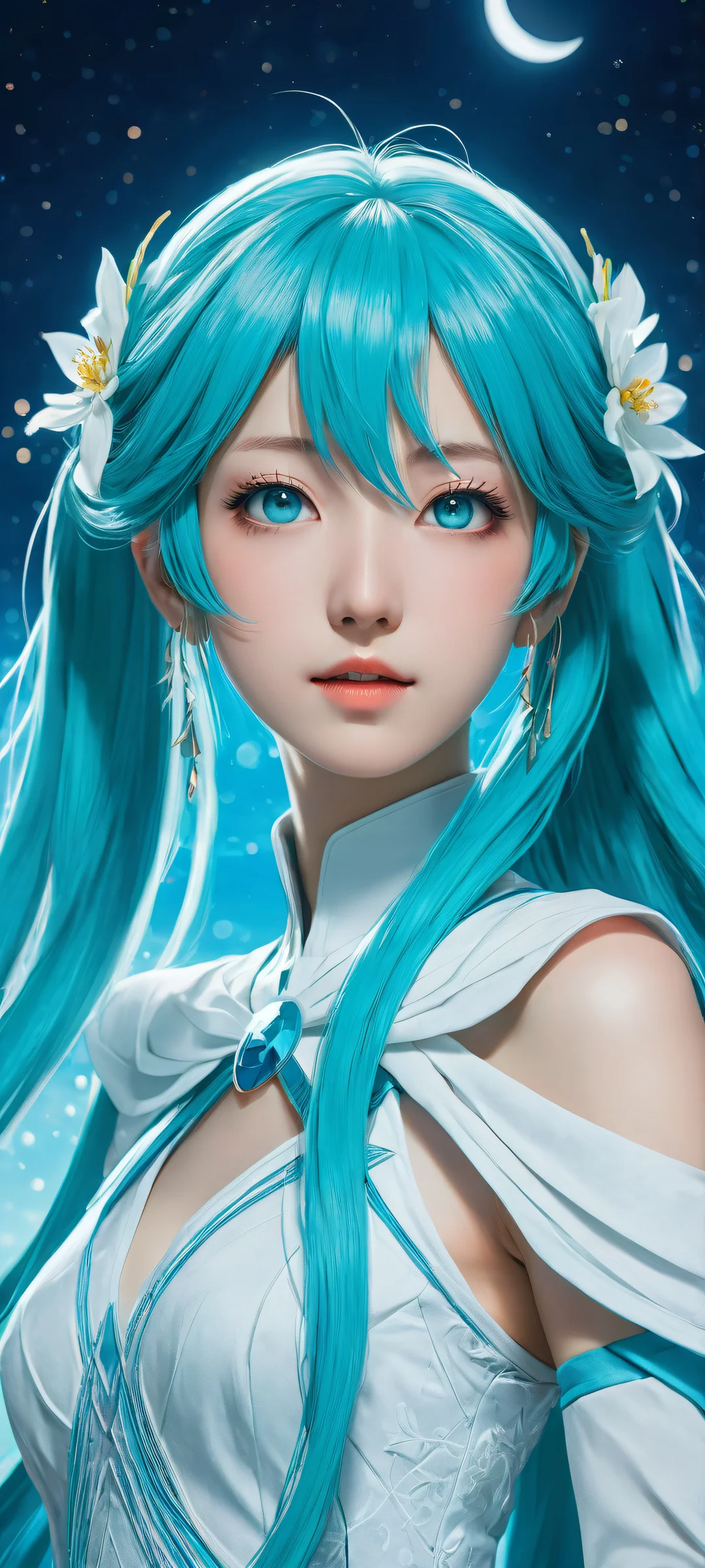 A serene and enchanting portrait of Hatsune Miku set against a stunning full moon night sky, perfectly optimized for iPhone/Android home screens.