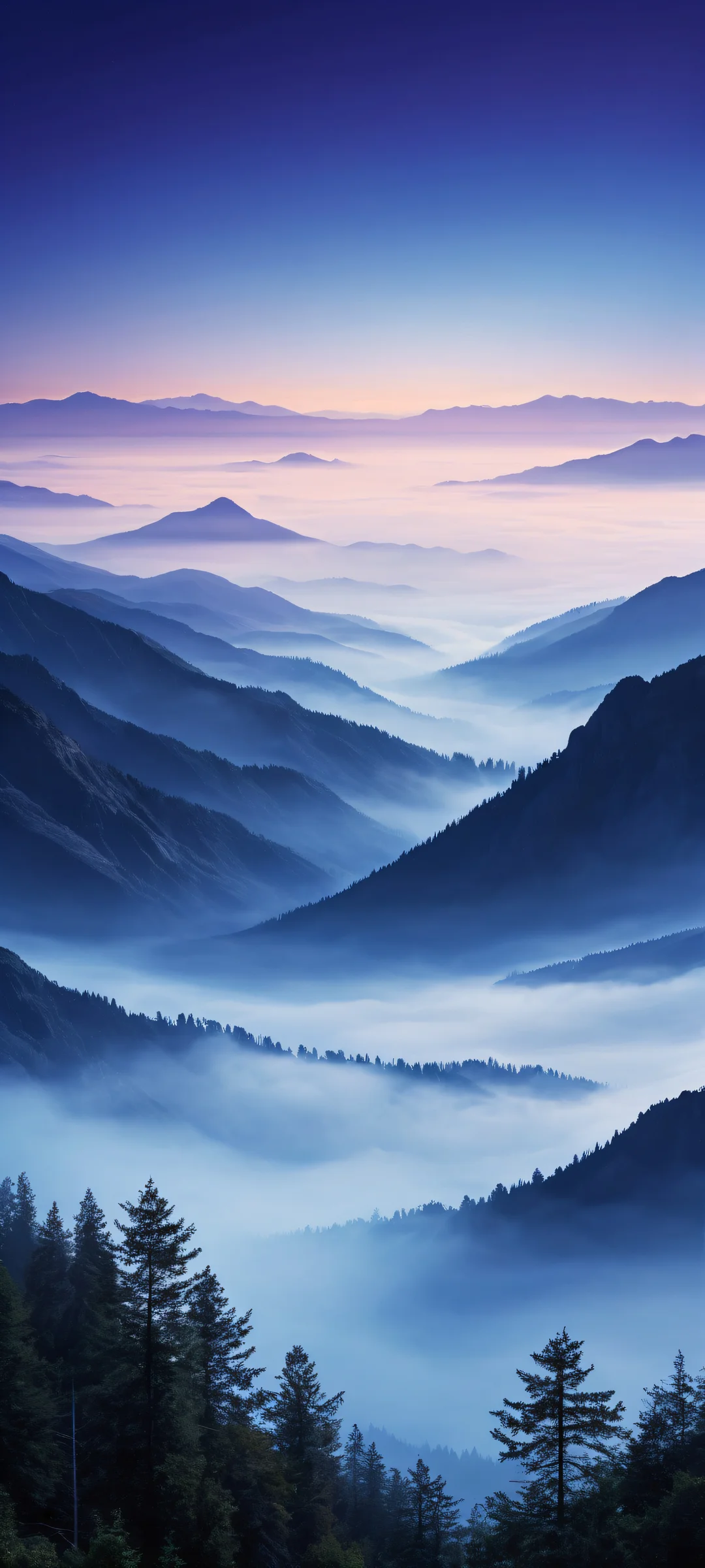 A serene and mystical mountain landscape on an iPhone or Android device. The silhouette of dark mountains stretches across the lower half, shrouded in valley fog. A minimalist night sky glows softly above.