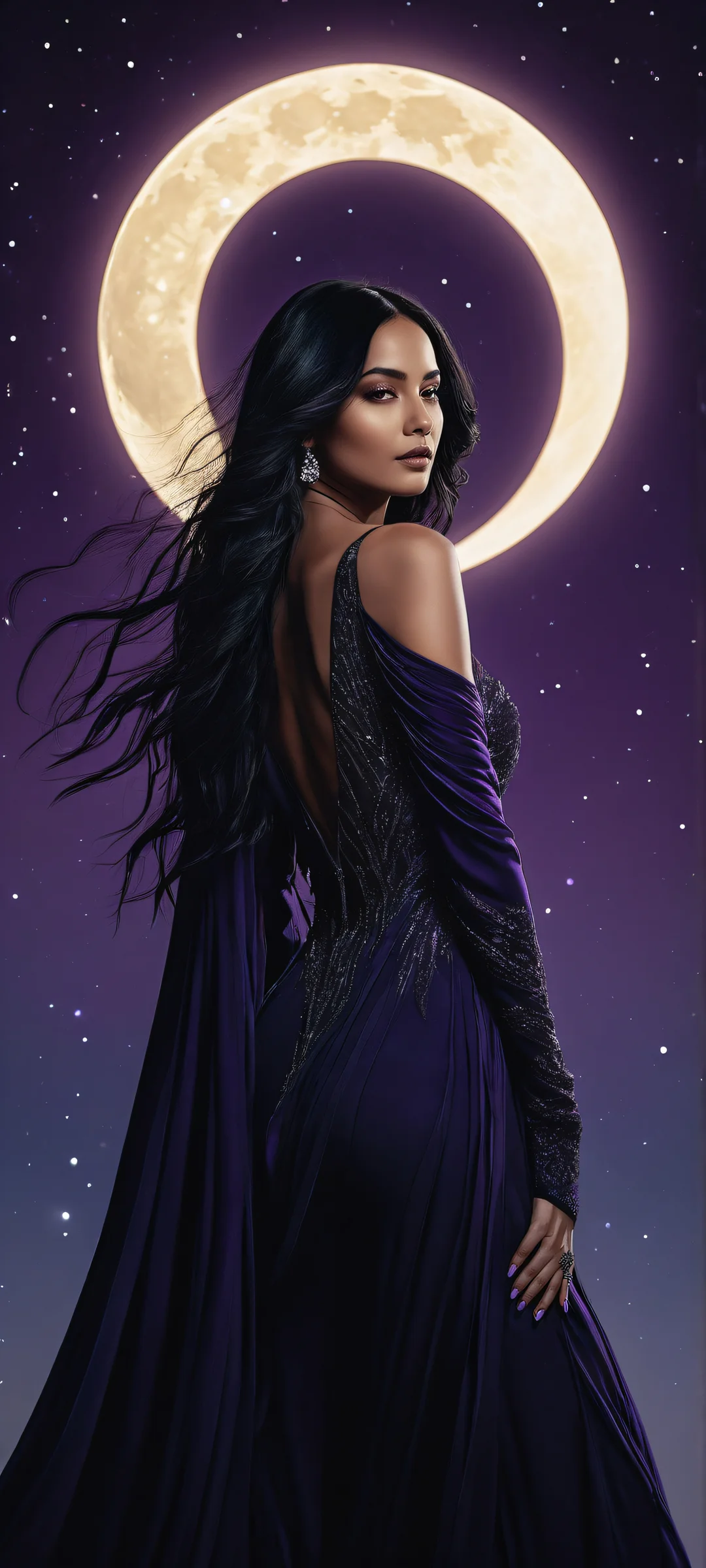 Mysterious figure with long black hair and purple streaks, illuminated by the crescent moon on a dark background. Suitable for iPhone/Android home screens.